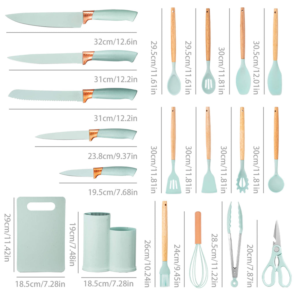 Durable Steel 19pcs Silicone Kitchen Utensil Set, Heat-Resistant Non-Stick Easy Cooking Cleaning Home Light-Green - High-Precision Culinary Tool for Baking & Cooking Detail