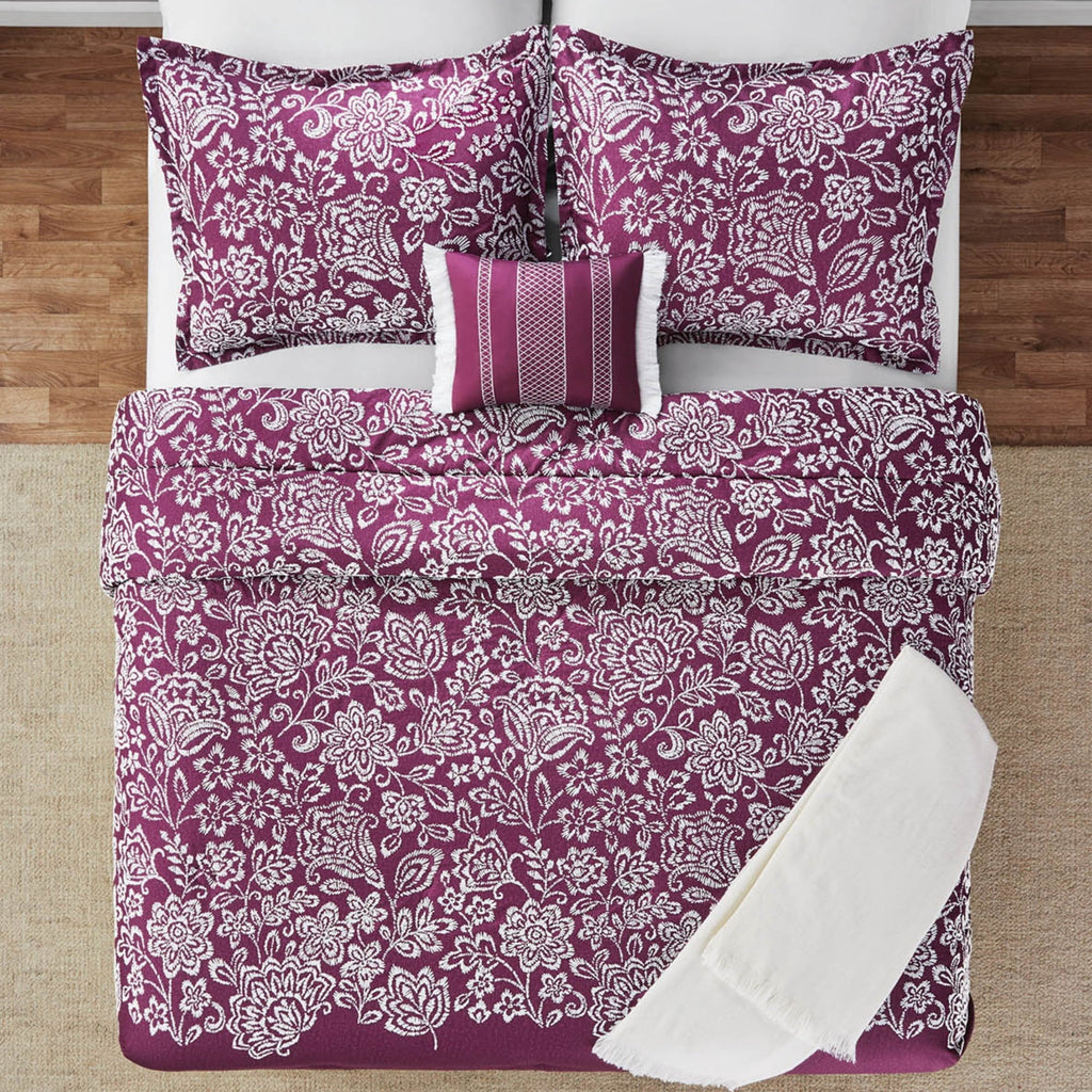 Hypoallergenic Cloud 5-Piece Jacquard Comforter Set with Decor Pillow and Throw Purple Flocking Embroidery Bedding Set, Full/Queen - Cloud-Like Soft Lightweight Bed Comforter Detail