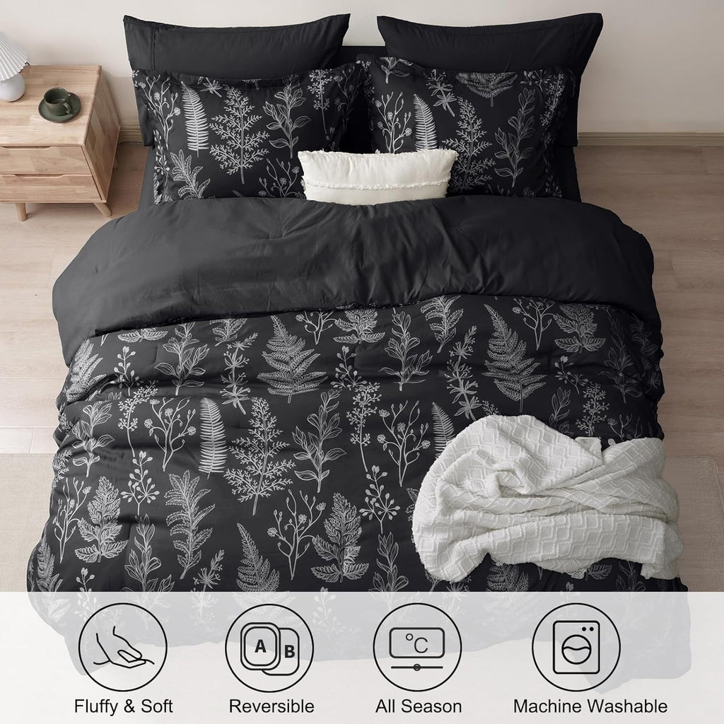 Fluffy Down Alternative 3 Pieces Printed Comforter Set Queen Size, Lightweight Botanical Floral Bed in a Bag, Ultra Soft Bedding Set with 1 R... - Luxurious Quilted Duvet Cover Set Detail