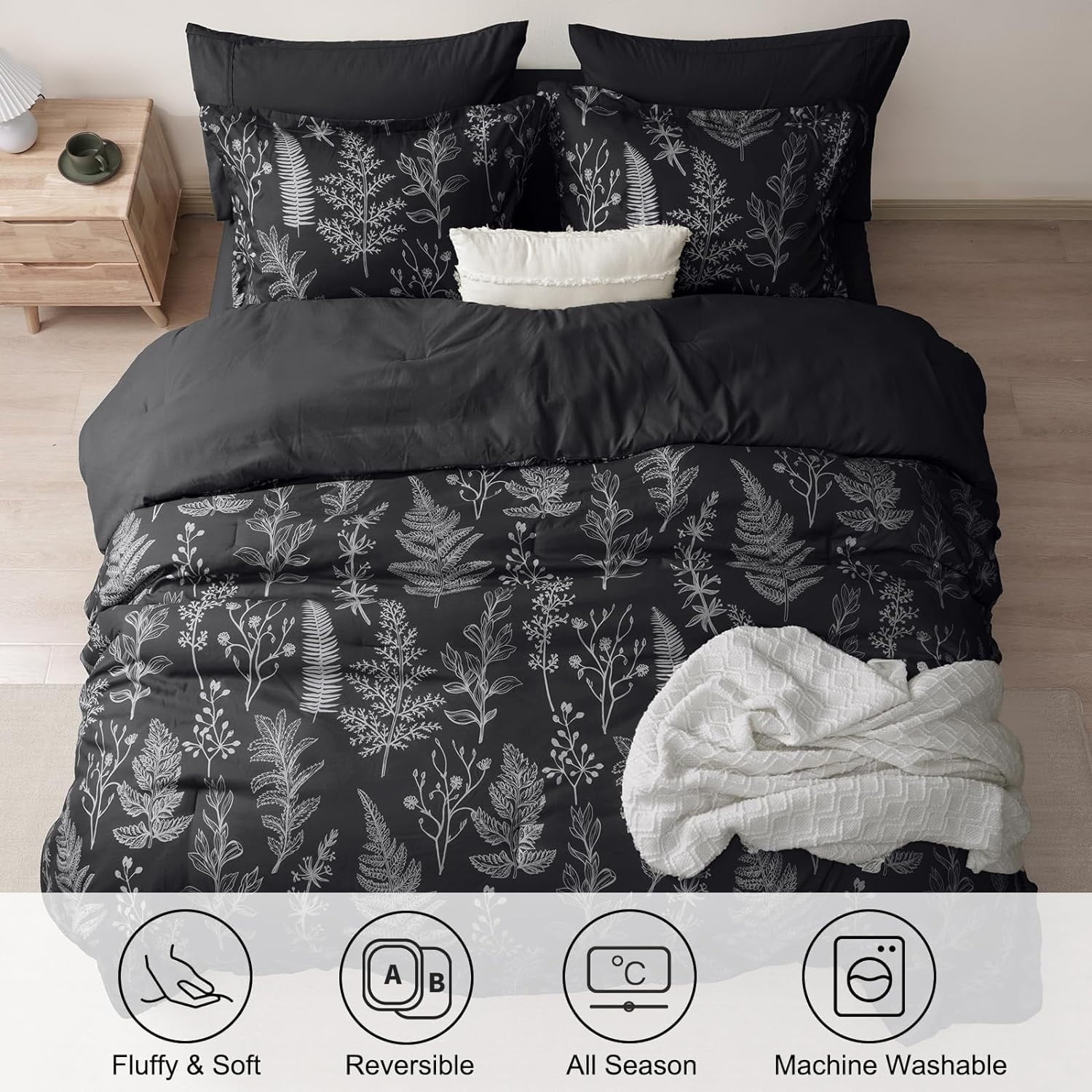 Fluffy Down Alternative 3 Pieces Printed Comforter Set Queen Size, Lightweight Botanical Floral Bed in a Bag, Ultra Soft Bedding Set with 1 R... - Luxurious Quilted Duvet Cover Set Detail