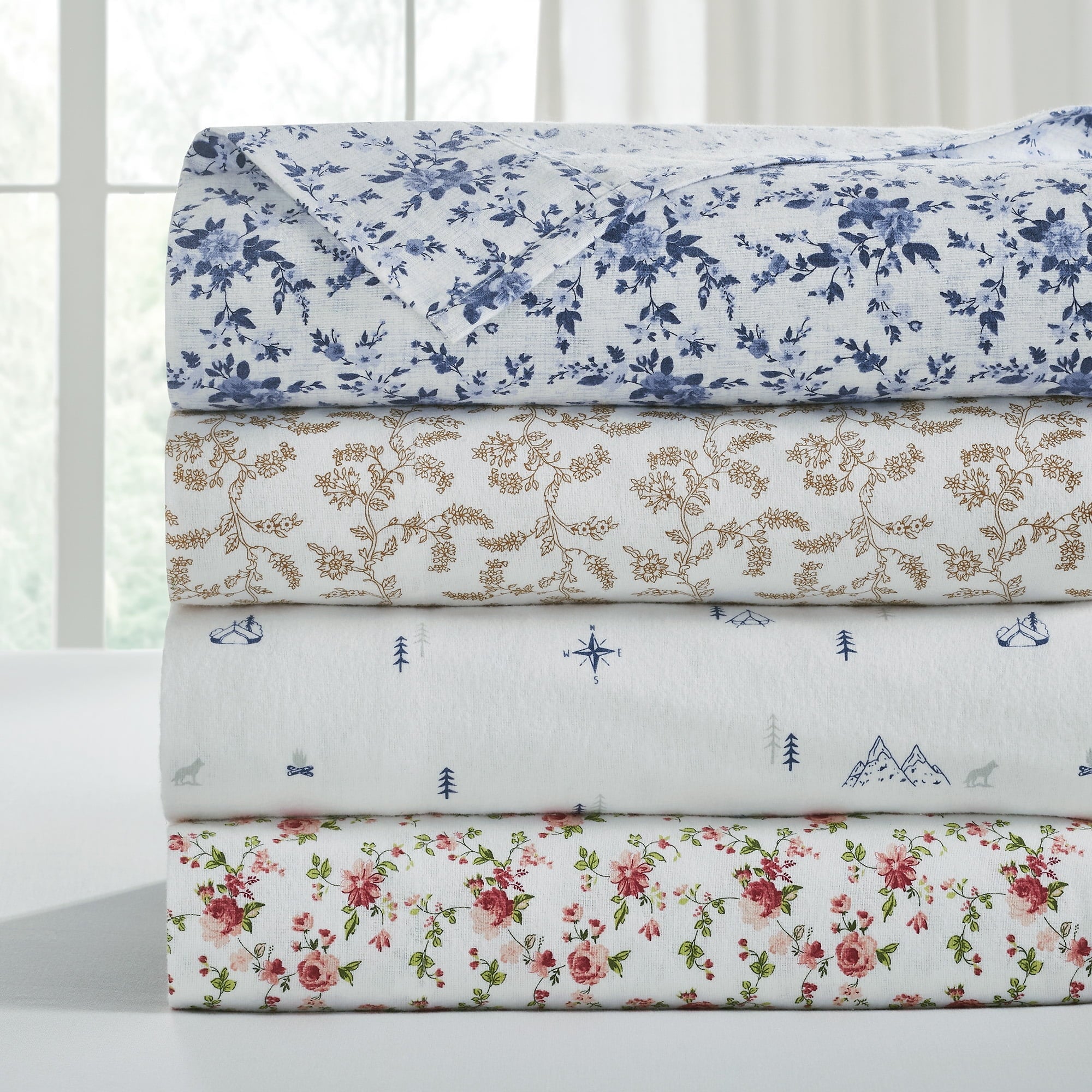 Premium Egyptian Cotton 3-Piece Brittany Printed Cotton Flannel Adult Bed Sheet Set, Twin - Premium Ultra-Soft Pillowcase Pair for Sleeping Detail