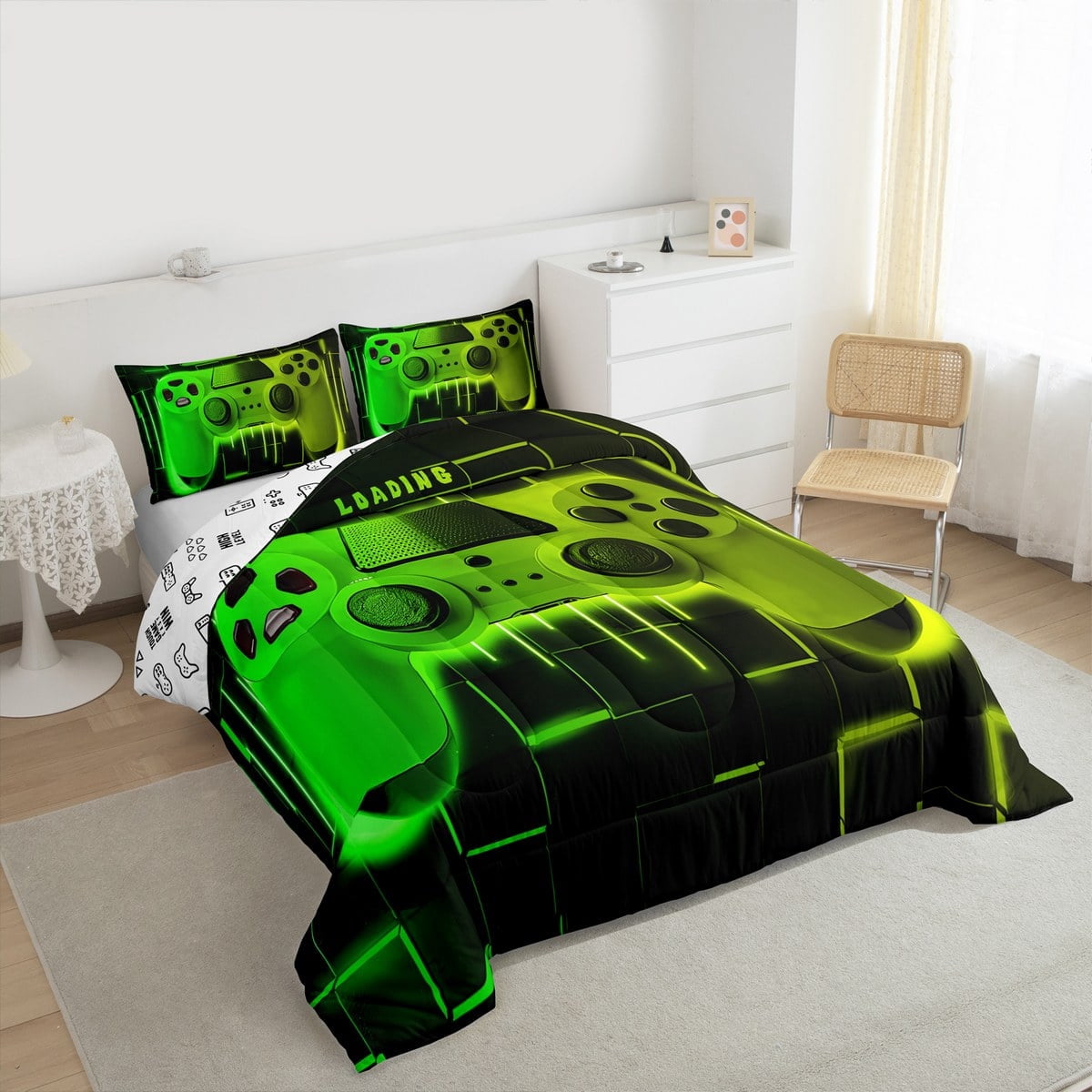 Hypoallergenic Cloud Green Yellow Gaming Full Size Comforter Sets - Gamer Comforter Full Size Bedding Set, Neon Lights Abstract Geometry D... - Luxurious Quilted Duvet Cover Set Detail
