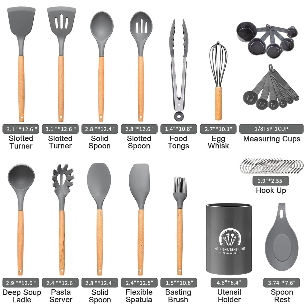 Durable Steel Silicone Cooking Utensils Set, 446°F Heat Resistant Wooden Handle Cooking Kitchen Utensils Spatula Set with Holder fo... - Multi-Purpose Hand Tool for Daily Meal Prep Detail