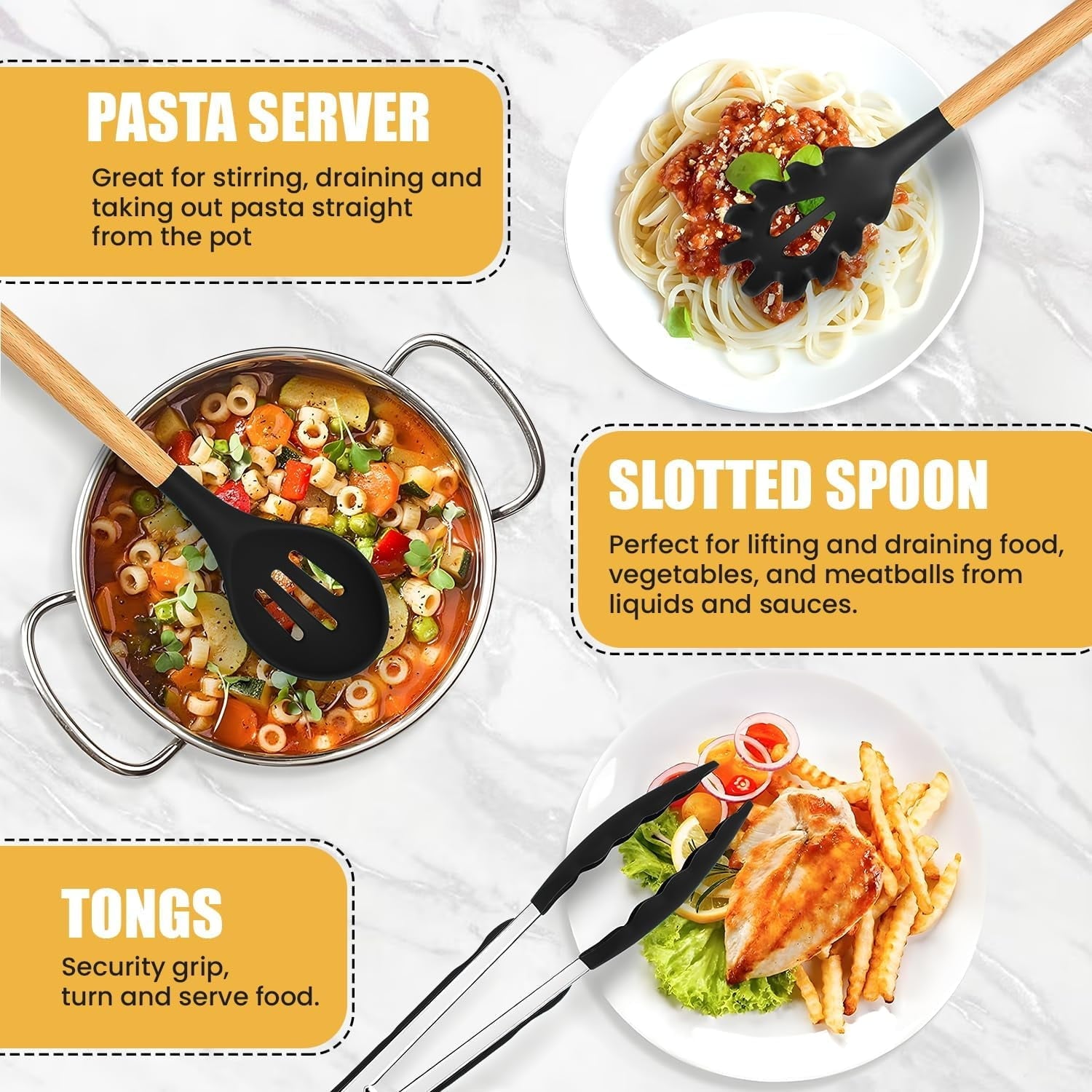 Heat-Resistant Kitchen Utensils Set- 19 Pcs Silicone Cooking Utensils Set for Nonstick Cookware-Silicone Spatulas Set, Kitchen Gadge... - Ergonomic Kitchen Tongs and Cooking Spoon Utensil Detail