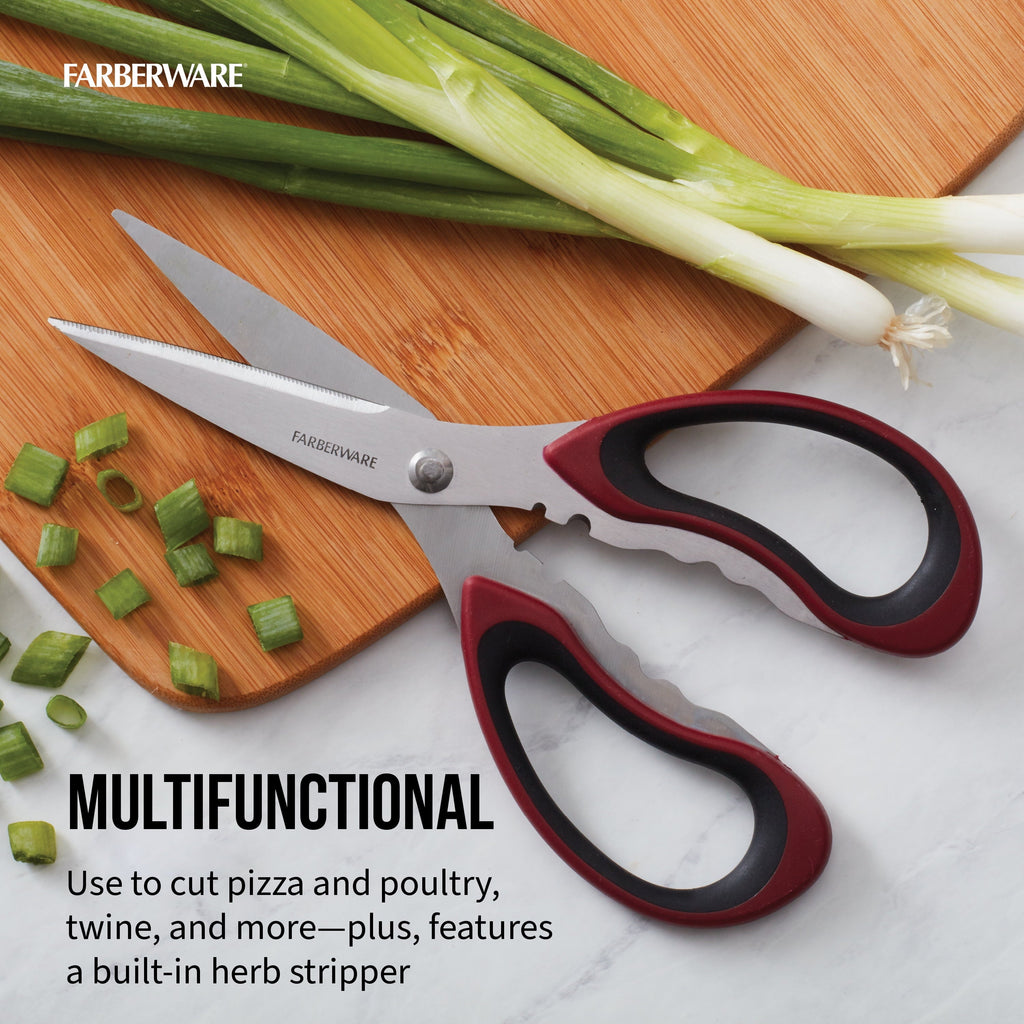 Multi-Functional Stainless Steel Kitchen and Herb Shears with Red and Black Handle - Premium Stainless Steel Garlic Presser & Peeler Detail
