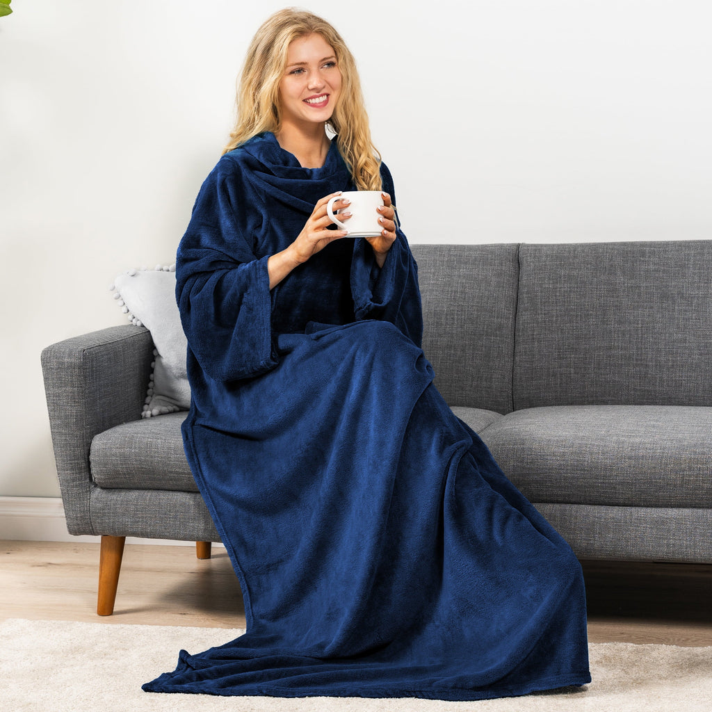 Super Soft Flannel Navy Blue Fleece Wearable Blanket with Sleeves for Adults Women Men, Soft Warm Full Body Wrap Throw, Sweatshirt Pocke... - Cozy Fleece Throw Blanket for Couch & Bed Detail