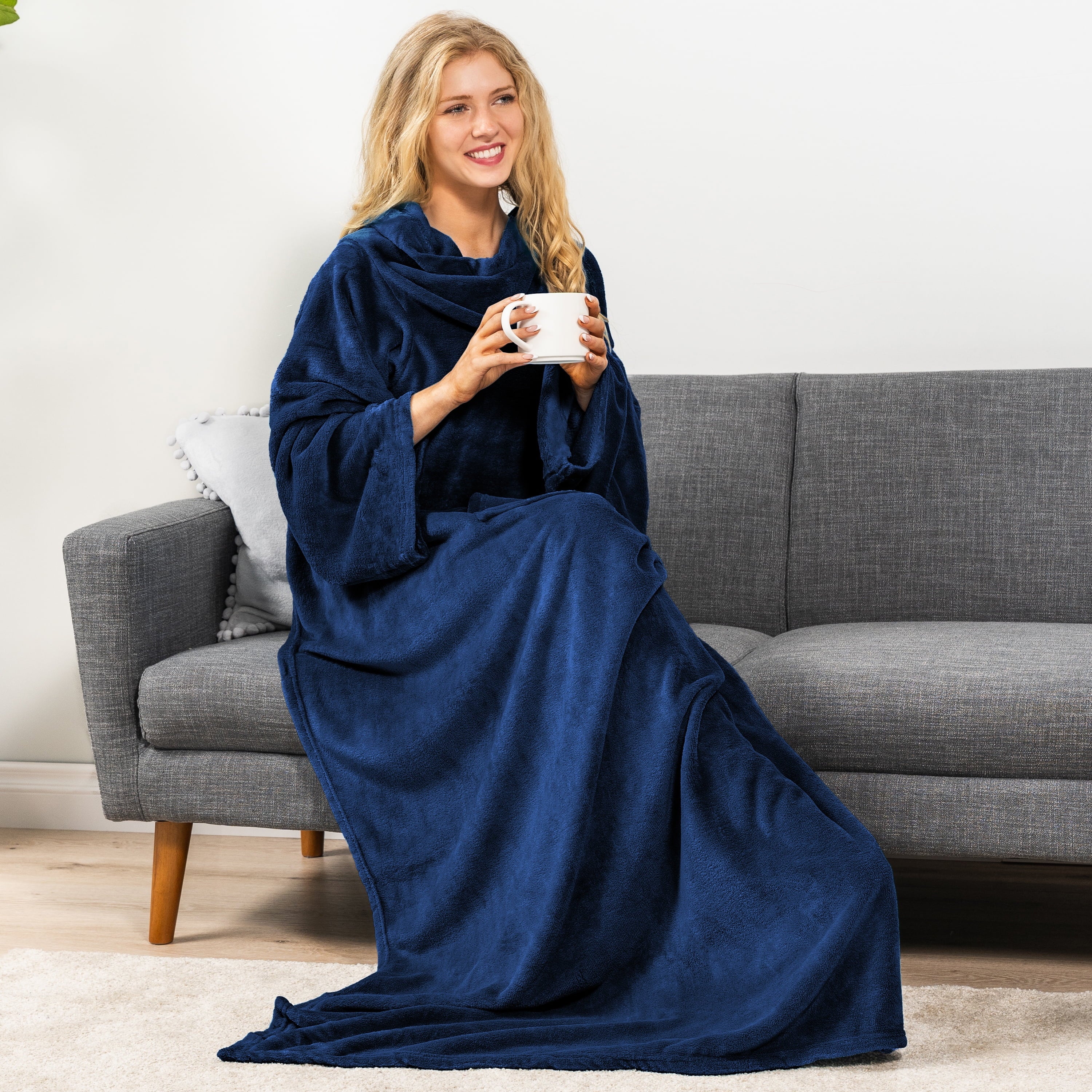 Super Soft Flannel Navy Blue Fleece Wearable Blanket with Sleeves for Adults Women Men, Soft Warm Full Body Wrap Throw, Sweatshirt Pocke... - Cozy Fleece Throw Blanket for Couch & Bed Detail