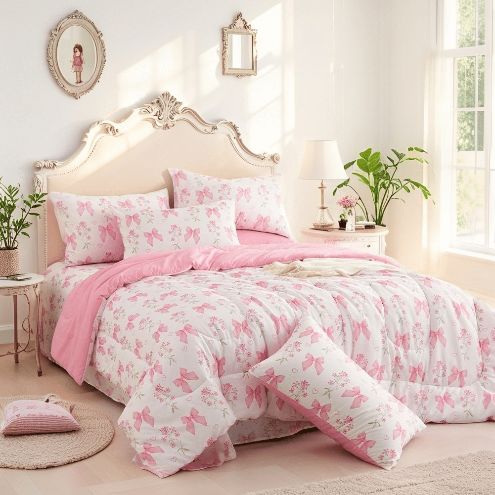 Luxurious Quilted Pink Bowknot Girls Comforter Set Twin Size, 3 Pieces Bows Princess Style Bedding Set for Girls for All Season - Cloud-Like Soft Lightweight Bed Comforter Detail