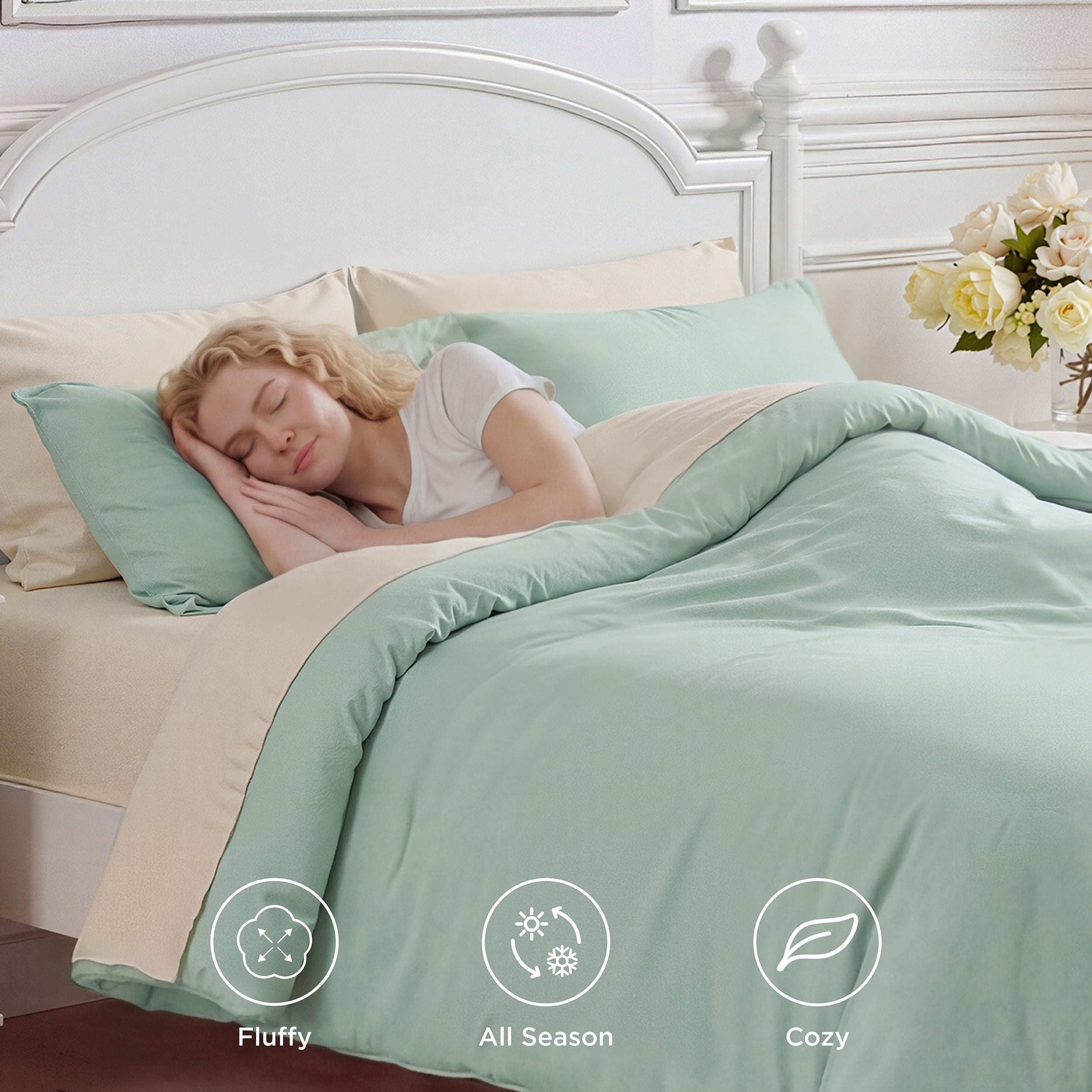Heavyweight Warmth Queen Comforter Set Sage Green, 7 Pieces Lightweight Queen Bedding Sets, Contrasting Design - Luxurious Quilted Duvet Cover Set Detail