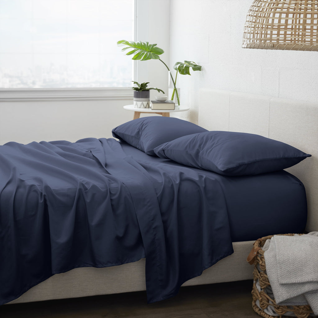 Wrinkle-Resistant 4 Piece Solid Microfiber Bed Sheet Set, Navy, Queen - Cooling Hotel Quality Bedding Sheets and Pillowcases Detail
