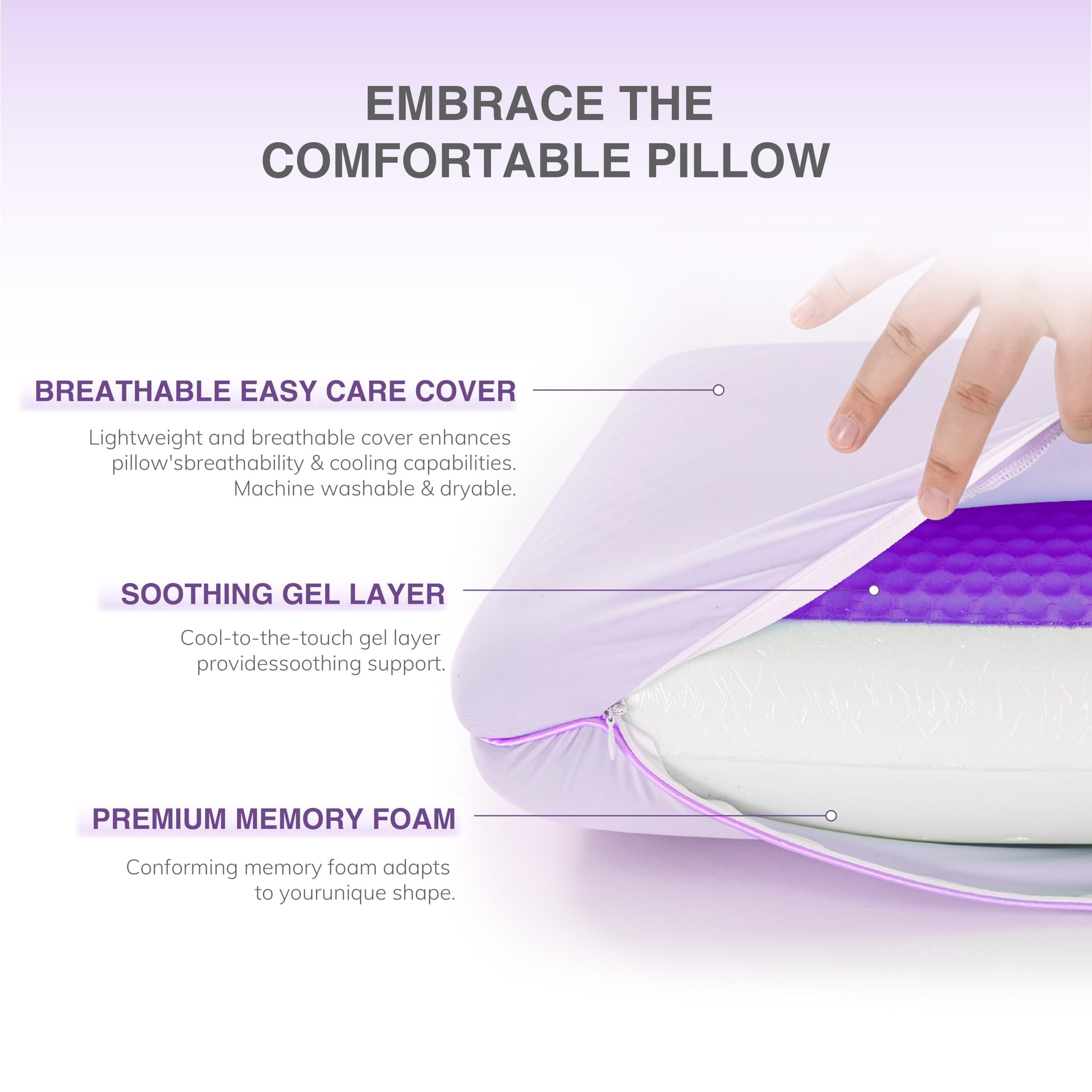 Fluffy Shredded Memory Foam Pillow, Cooling Gel Bed Pillow, Queen, Purple - Decorative Throw Pillow Cushion for Sofa & Bed Detail