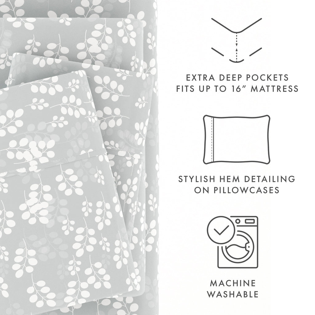 Ultra-Soft 4 Piece Pattern Microfiber Bed Sheets Set, Gray Wheat, Full - Luxury Bed Sheet Set with Deep Pockets Detail