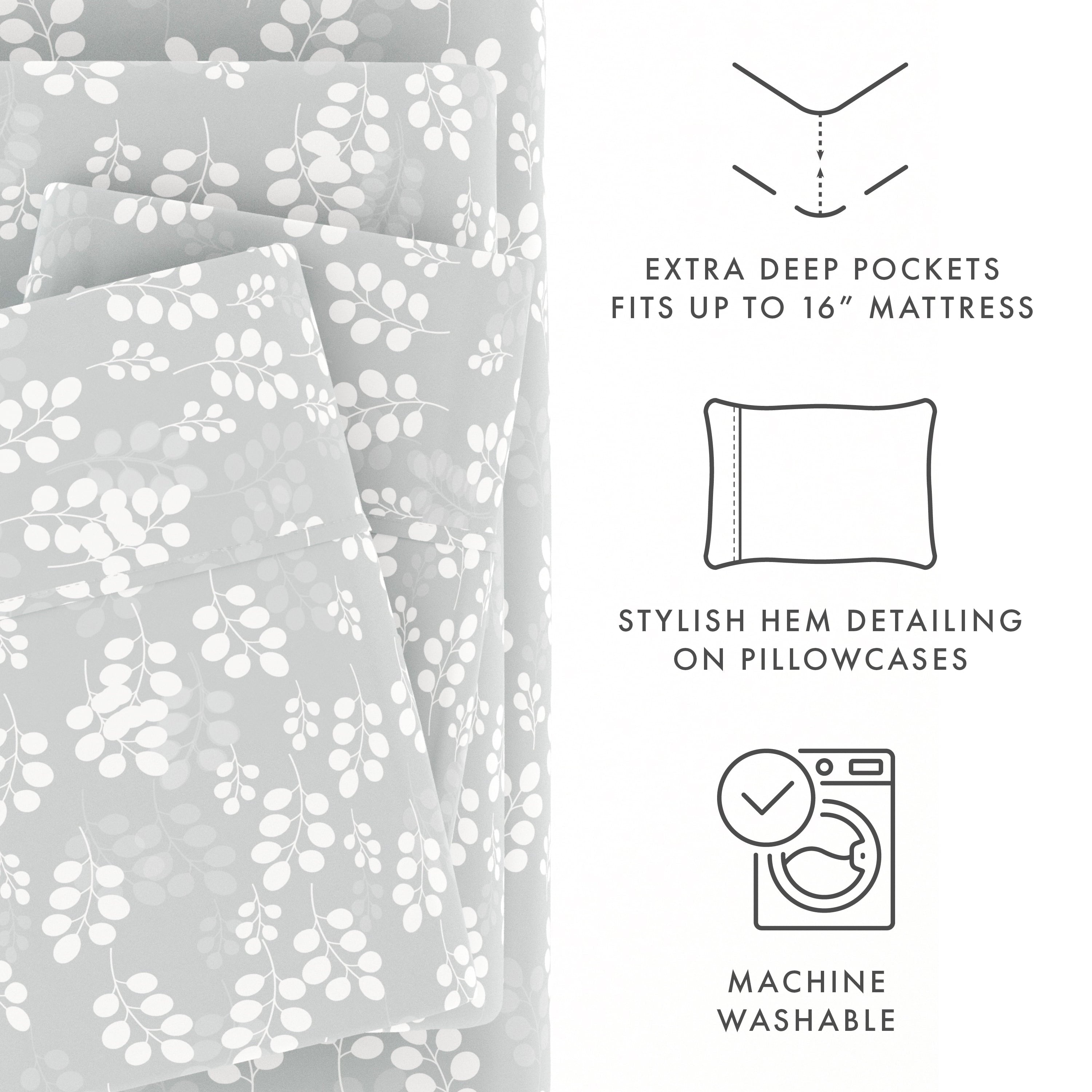 Ultra-Soft 4 Piece Pattern Microfiber Bed Sheets Set, Gray Wheat, Full - Luxury Bed Sheet Set with Deep Pockets Detail