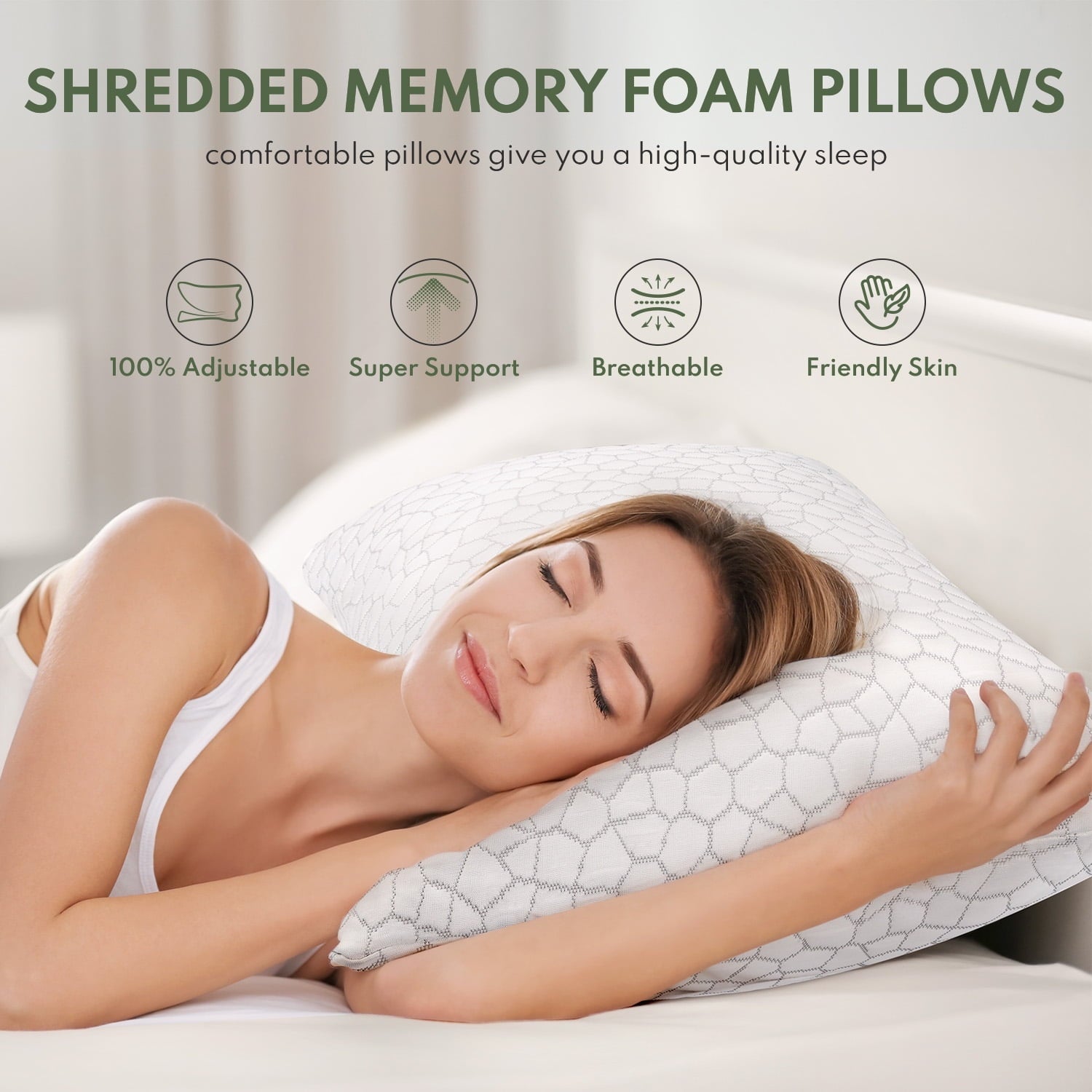 Fluffy Shredded Cooling Memory Foam Queen Pillows for bed 2 Pack,Adjustable Support & Heat Dissipation Tech for Side,Back,Stomach & H... - Decorative Throw Pillow Cushion for Sofa & Bed Detail