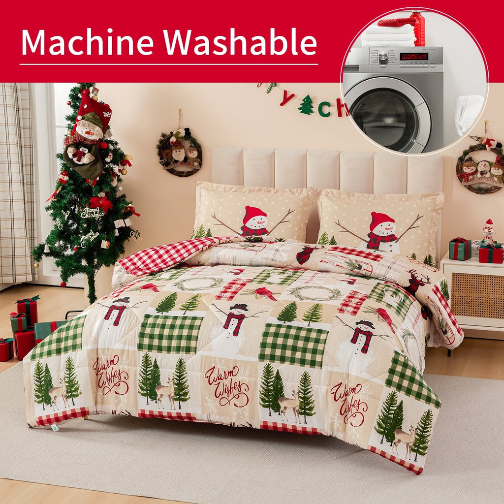 Fluffy Down Alternative 3 Pcs Christmas Comforter Set, Bed in a Bag Wreath Snowman Queen/Full Size Xmas Bedding Set Fitted Pillowcases for Adult - Cloud-Like Soft Lightweight Bed Comforter Detail