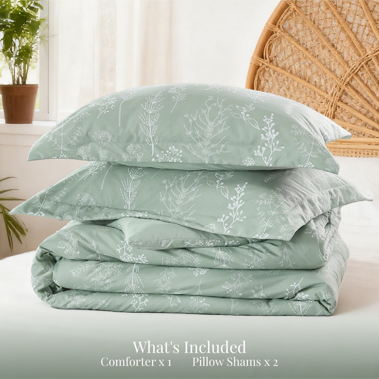 All-Season 3 Pieces Sage Green Floral Comforter Sets, 1 Botanical Flowers Reversible Comforter and 2 Pillow Shams, Queen Size Be... - Cloud-Like Soft Lightweight Bed Comforter Detail