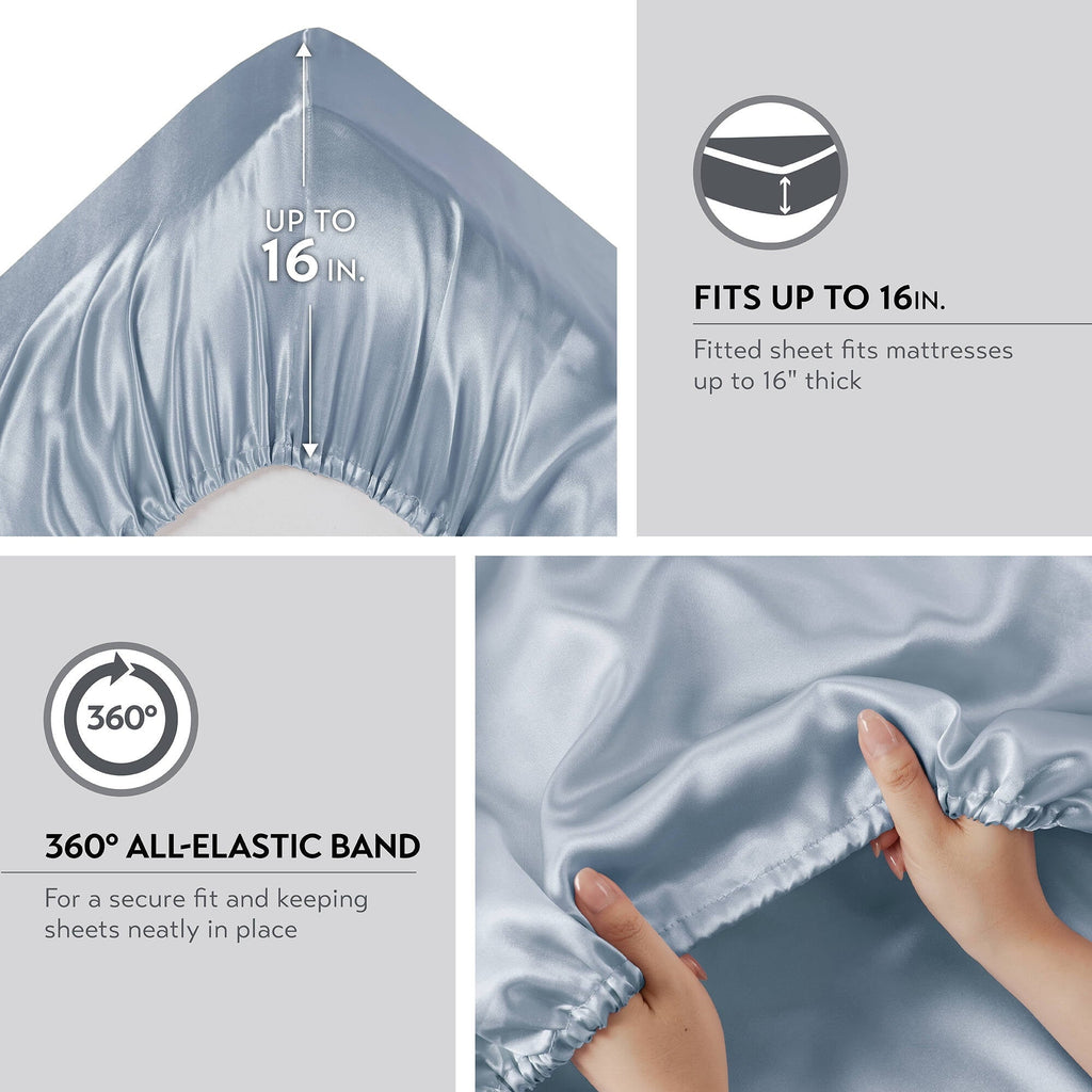 Breathable Luxury Satin Sheet Set, Twin Bed Sheets with Pillowcases, 4-Piece Luxury Silky Sheet Set, Blue, Gifts for Women - Luxury Bed Sheet Set with Deep Pockets Detail