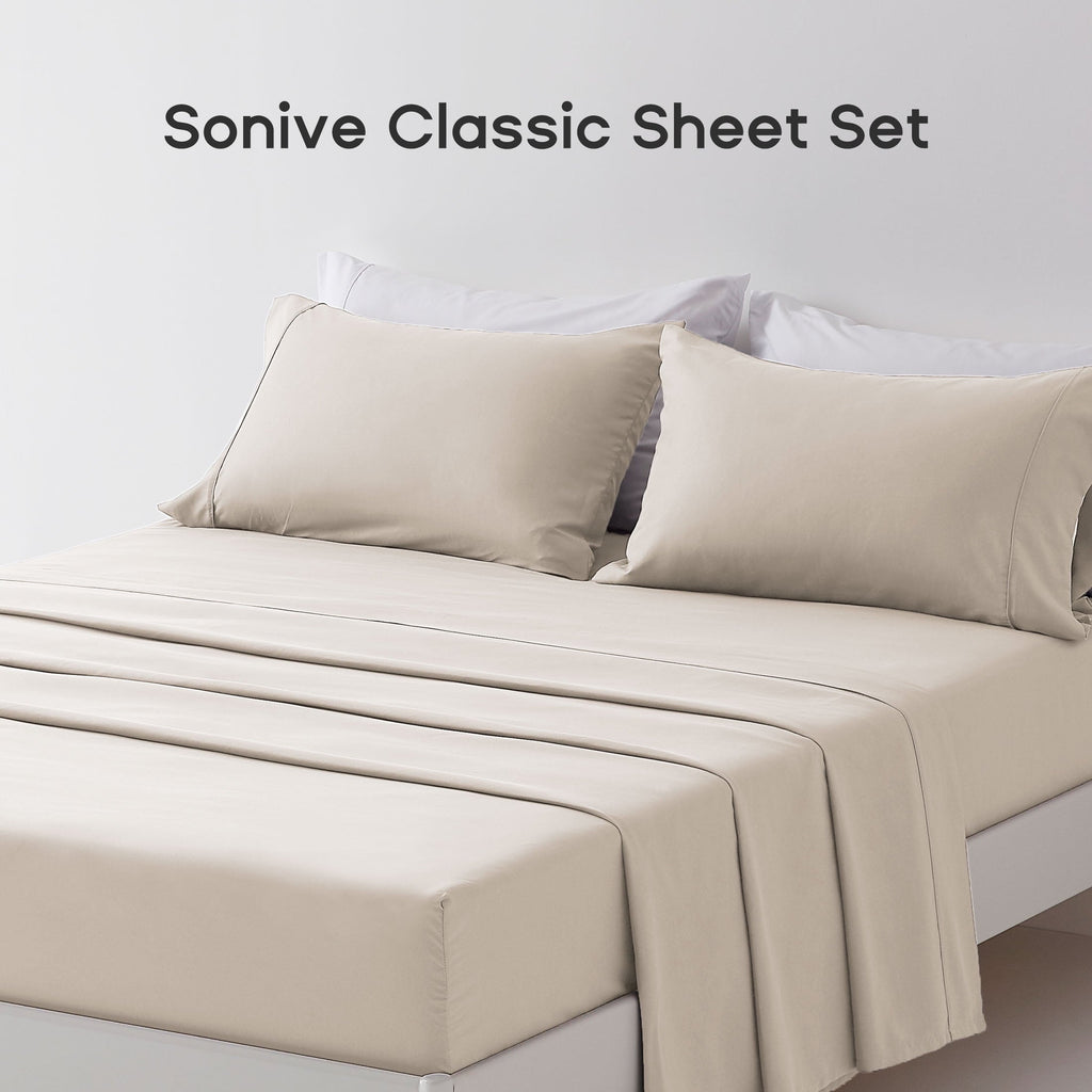 Ultra-Soft Bed Sheet Sets,Ultra Soft Breathable Luxury 4 Piece, (Beige, Queen) - Premium Ultra-Soft Pillowcase Pair for Sleeping Detail