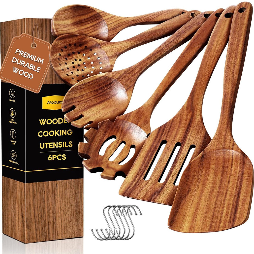 Heat-Resistant 6-Piece Natural Teak Wooden Spoons for Cooking With 10 Hooks，Handcrafted Kitchen Utensils Set ，Ideal Gift Set - Premium Stainless Steel Cooking Utensil for Non-Stick Pots - Default Title