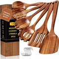 Heat-Resistant 6-Piece Natural Teak Wooden Spoons for Cooking With 10 Hooks，Handcrafted Kitchen Utensils Set ，Ideal Gift Set - Premium Stainless Steel Cooking Utensil for Non-Stick Pots - Default Title