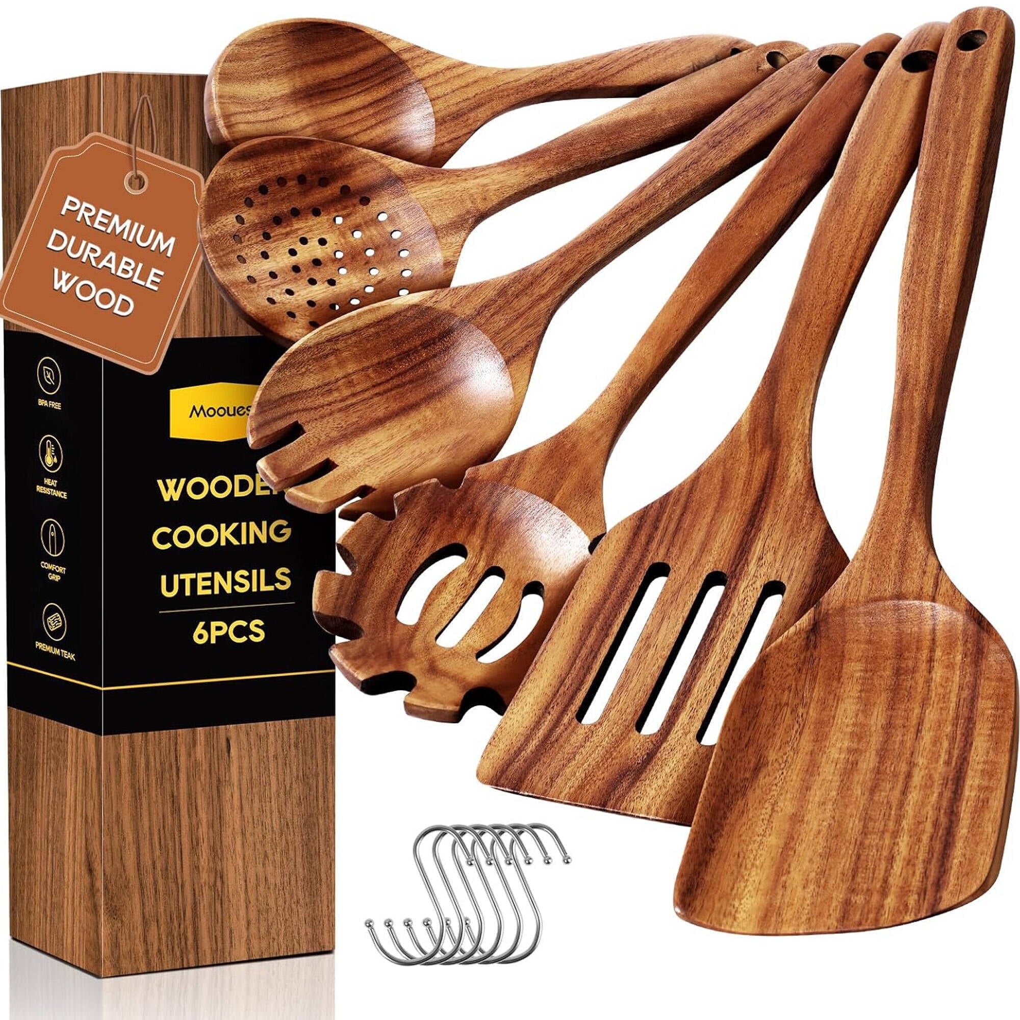 Heat-Resistant 6-Piece Natural Teak Wooden Spoons for Cooking With 10 Hooks，Handcrafted Kitchen Utensils Set ，Ideal Gift Set - Premium Stainless Steel Cooking Utensil for Non-Stick Pots - Default Title