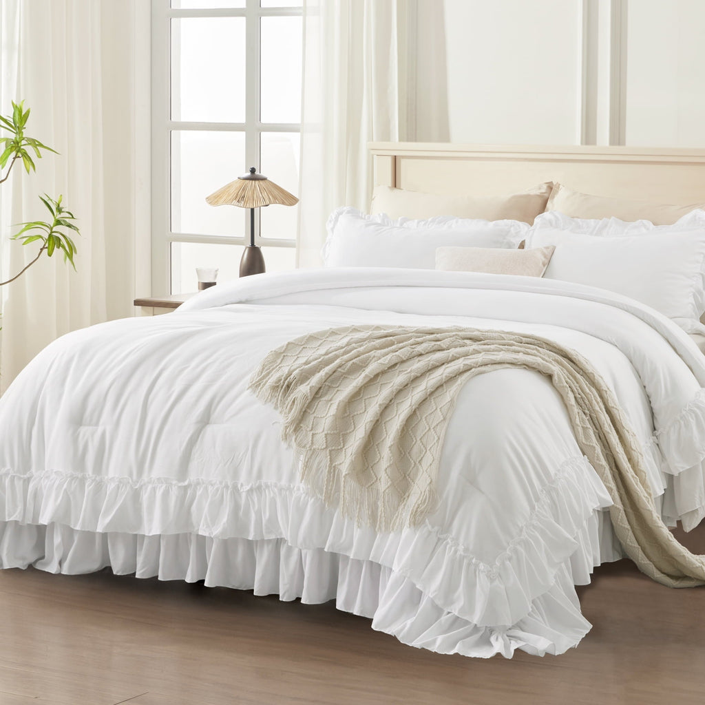 Luxurious Quilted Queen Comforter Set White - 3 Pieces Soft Fluffy Ruffle Bedding Comforter Sets for Queen Bed, All Season Farmhouse Li... - All-Season Down Alternative Comforter Insert - Default Title