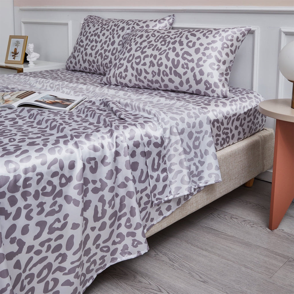 Ultra-Soft Satin Sheets Twin Silk Sheets Silver Leopard Bed Sheet Set Deep Pocket Bed Flat Fitted Sheet, 3-Pieces - Cooling Hotel Quality Bedding Sheets and Pillowcases - Default Title