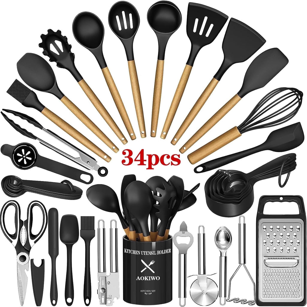 Chef-Quality Kitchen Utensil Set, 34Pieces Silicone Cooking Utensil Set with Wooden Handle, Heat Resistant Spatula Set Gadg... - Multi-Purpose Hand Tool for Daily Meal Prep - Default Title