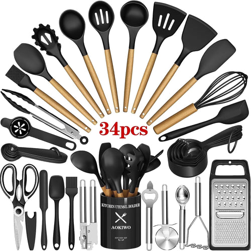 Chef-Quality Kitchen Utensil Set, 34Pieces Silicone Cooking Utensil Set with Wooden Handle, Heat Resistant Spatula Set Gadg... - Multi-Purpose Hand Tool for Daily Meal Prep - Default Title