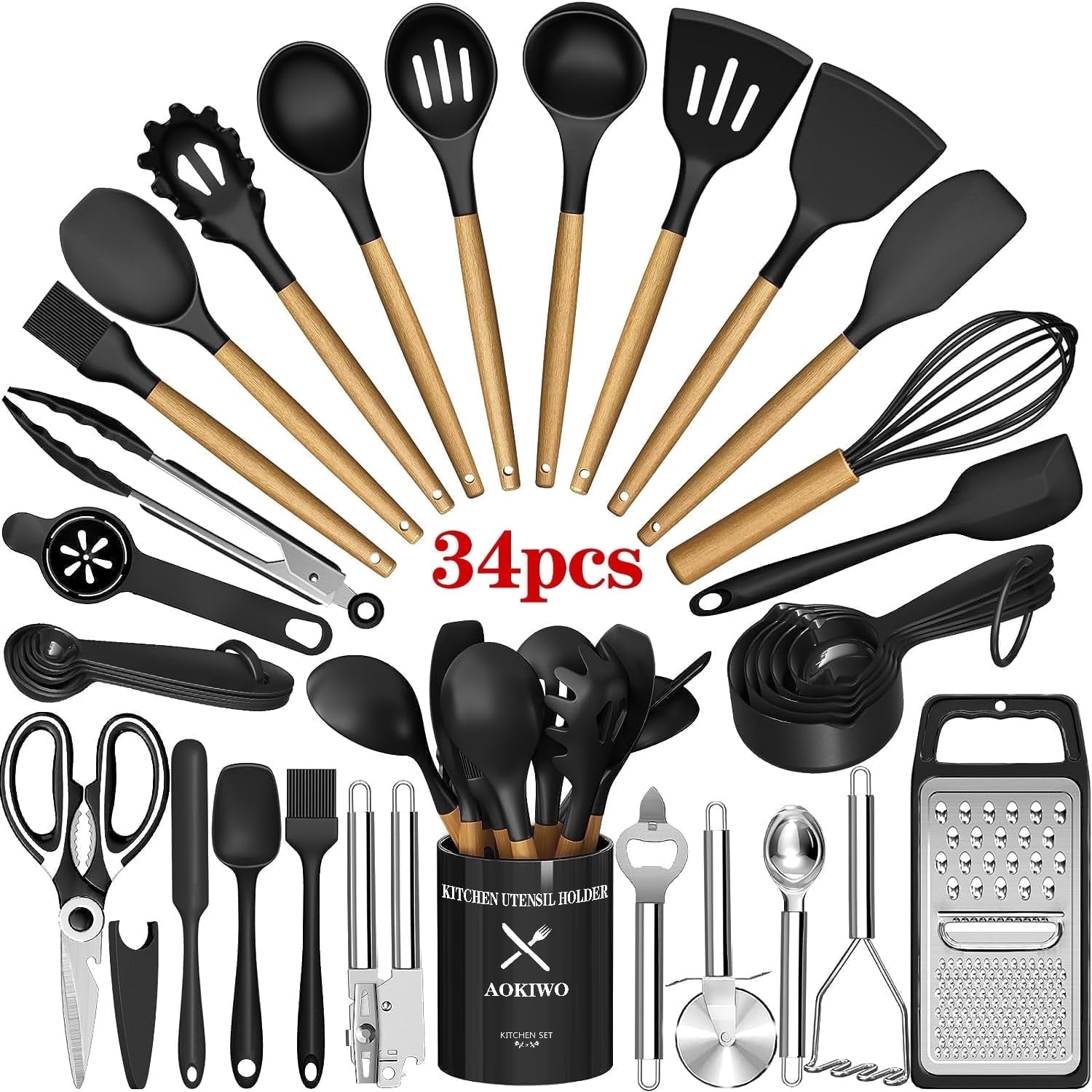 Heat-Resistant Kitchen Utensil Set, 34Pieces Silicone Cooking Utensil Set with Wooden Handle, Heat Resistant Spatula Set Gadg... - Heat-Resistant Silicone Cooking Spatula Turner - Default Title