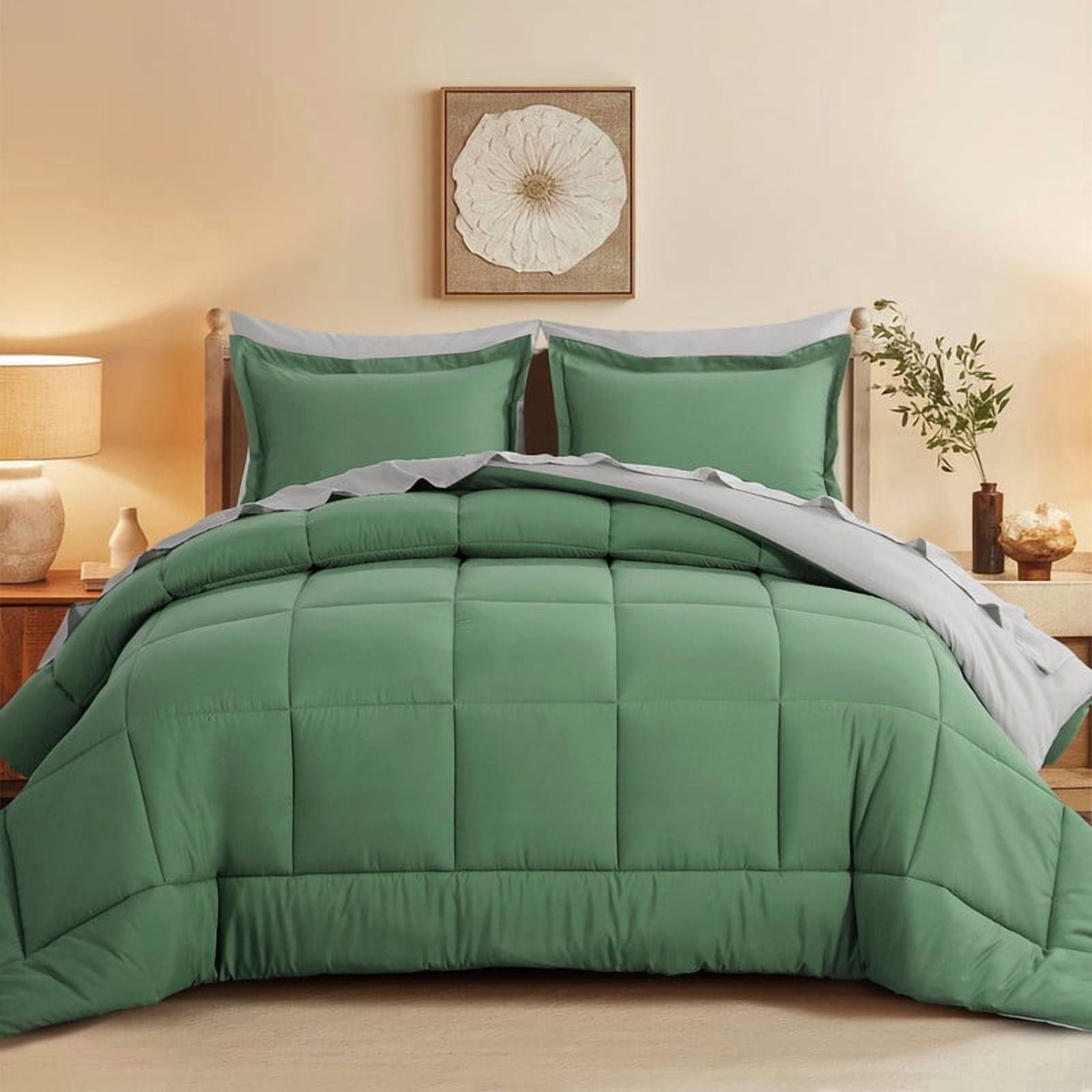 All-Season Grass Green/Grey Queen Size Comforter Set,3-Pieces Reversible Comforter Set Soft and Lightweight,All Season Down Alte... - Luxurious Quilted Duvet Cover Set - Default Title