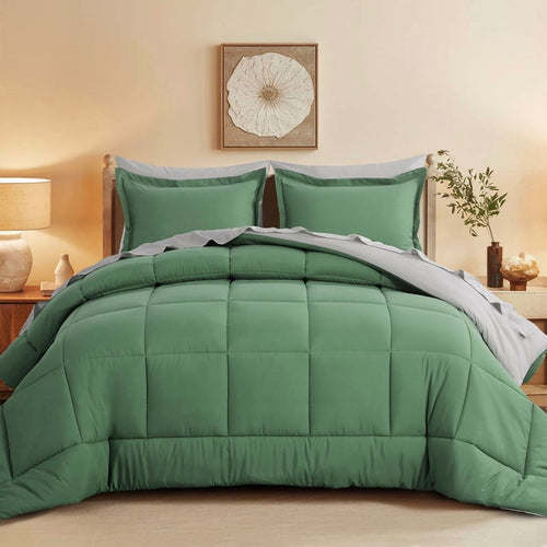 All-Season Grass Green/Grey Queen Size Comforter Set,3-Pieces Reversible Comforter Set Soft and Lightweight,All Season Down Alte... - Luxurious Quilted Duvet Cover Set - Default Title