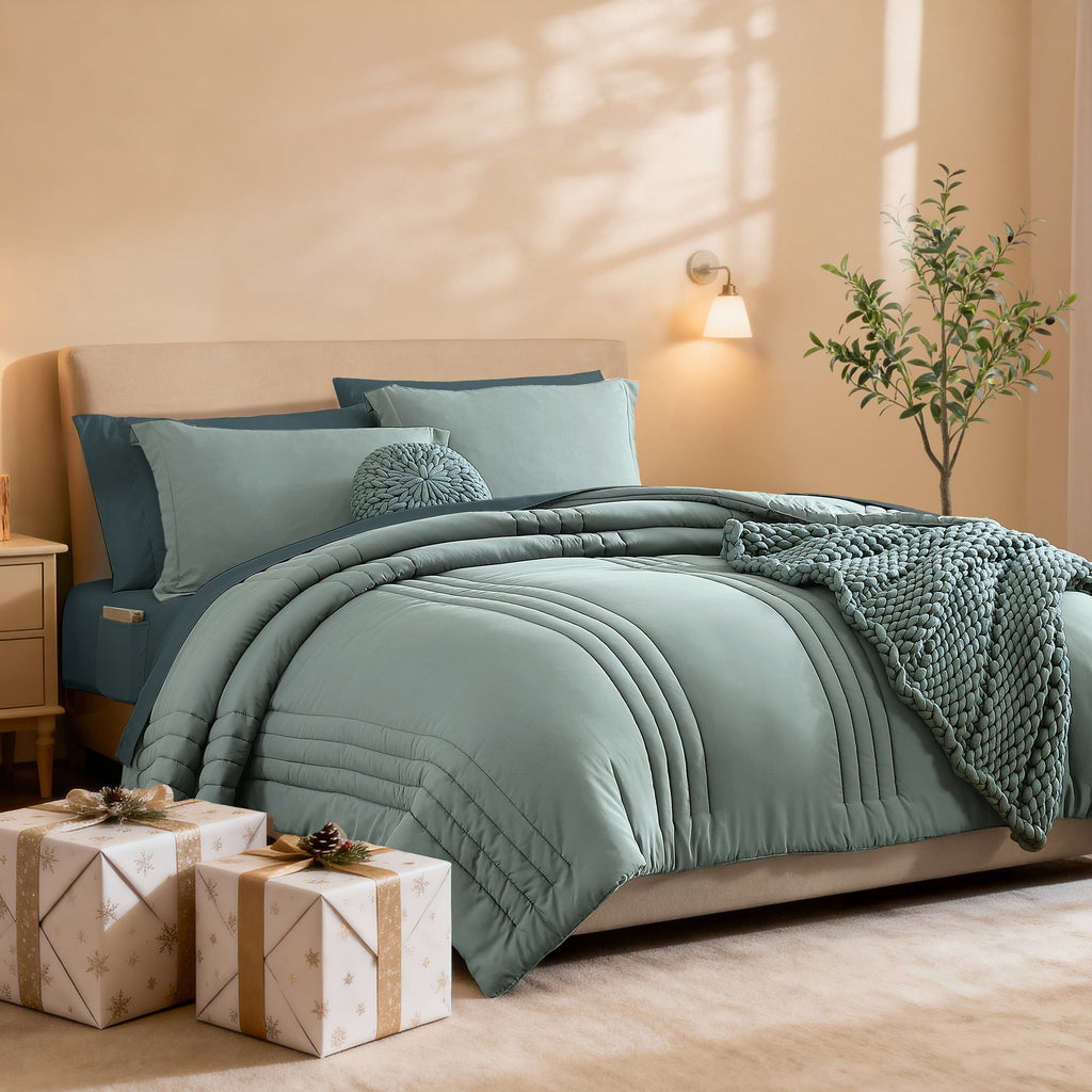 Hypoallergenic Cloud 7-piece Bed in a Bag Comforter Set with Sheets,Sage Green,Full - Luxurious Quilted Duvet Cover Set - Default Title