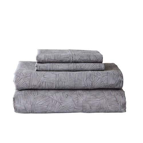 Breathable Luxury 300 Thread Count 3-Piece Cotton Percale Ziggy Geo Print Grey Flannel Bed Sheet Set, Twin - Cooling Hotel Quality Bedding Sheets and Pillowcases - Default Title