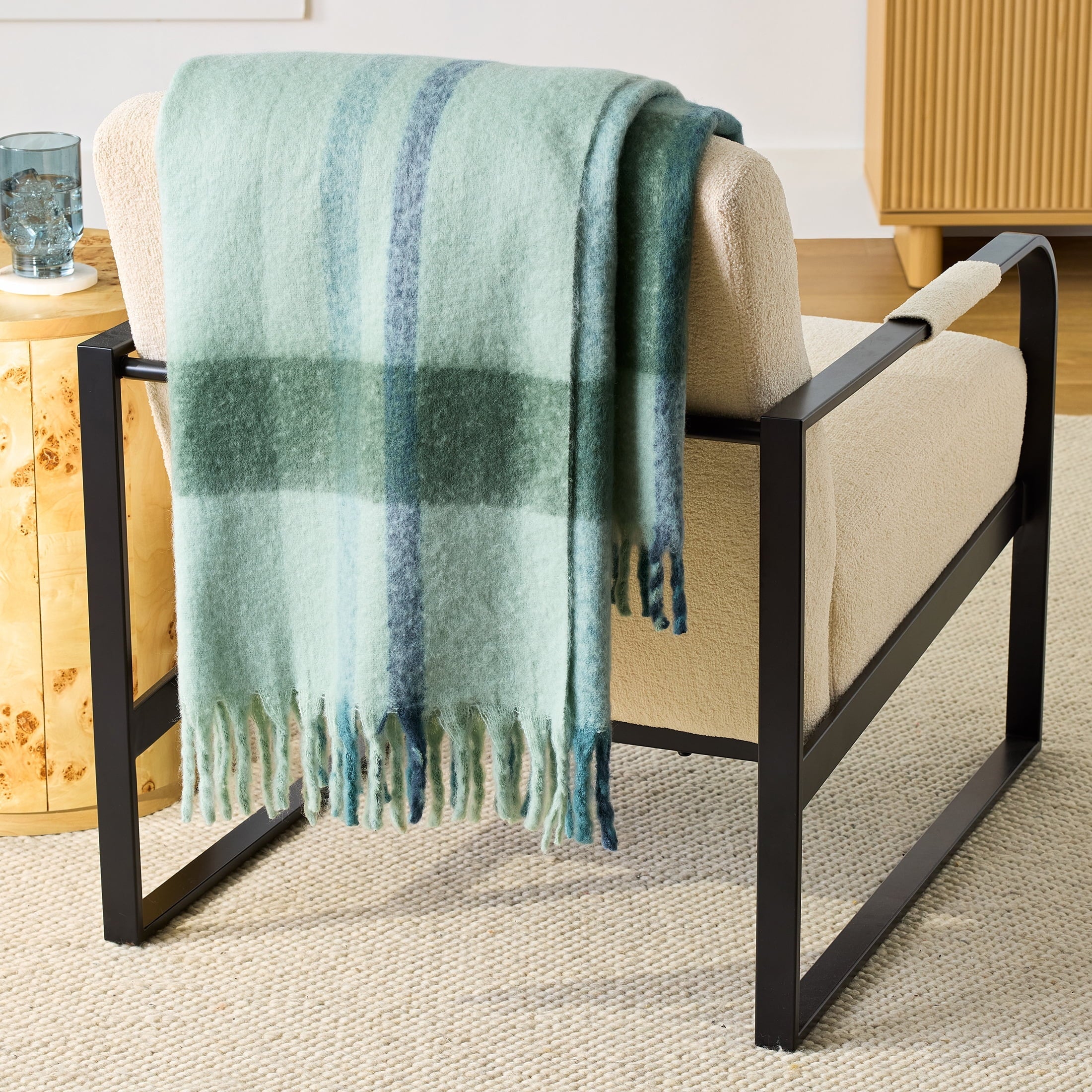 Reversible Sherpa Faux Mohair Cozy Couch Throw Blanket Green Plaid, 50x72" - Luxury Knitted Decorative Throw Blanket with Fringes - Default Title