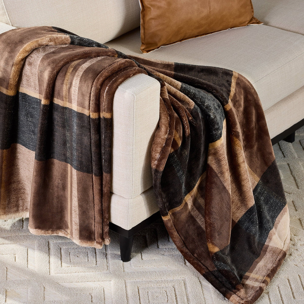 Cozy Fleece Printed Velvet Plush Super Soft Throw Blanket, Oversized, Shelton Brown Plaid - Lightweight Plush Warm Blanket for All Seasons - Default Title