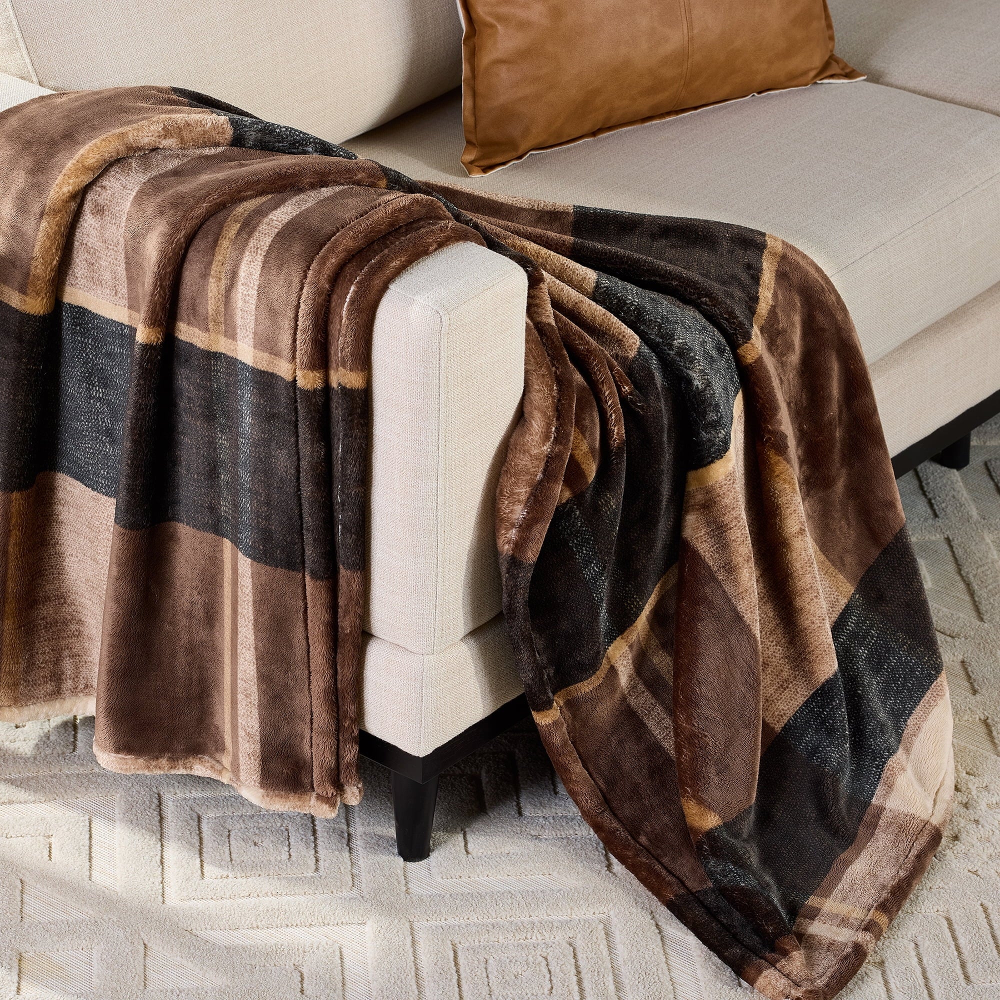 Cozy Fleece Printed Velvet Plush Super Soft Throw Blanket, Oversized, Shelton Brown Plaid - Lightweight Plush Warm Blanket for All Seasons - Default Title