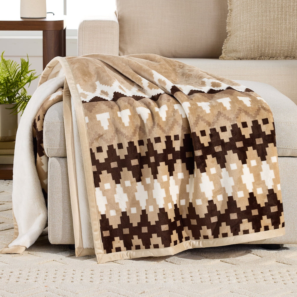 Decorative Knitted Printed Velvet Plush Reverse to Faux Fur Super Soft Throw Blanket, Oversized, Linder Border Beige - Super Soft Reversible Sherpa Flannel Blanket - Default Title