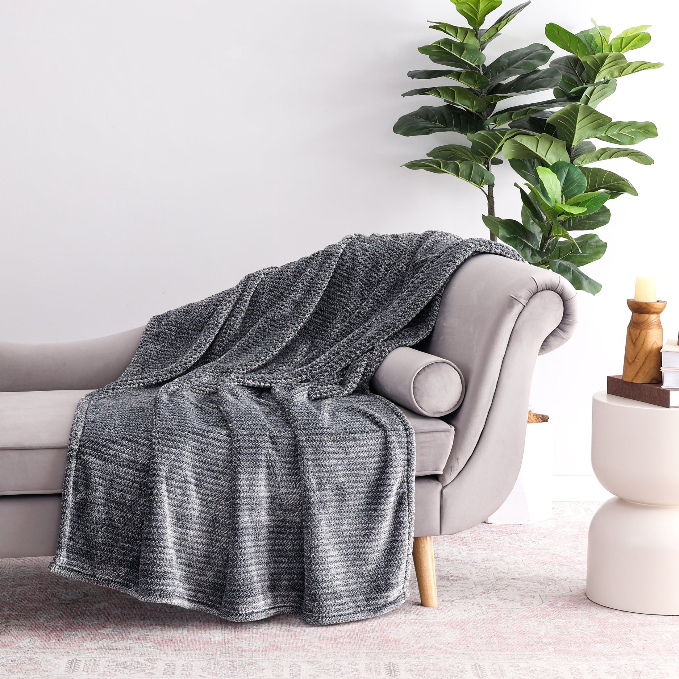 Decorative Knitted Plush Textured Heathered Soft Oversized Throw Blanket, Gray - Cozy Fleece Throw Blanket for Couch & Bed - Default Title