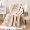 Cozy Fleece Beige Throw Blanket,Textured Knitted Tan Throws with Tassels,Neutral Sofa Bed Throws,50"x60" - Luxury Knitted Decorative Throw Blanket with Fringes - Default Title