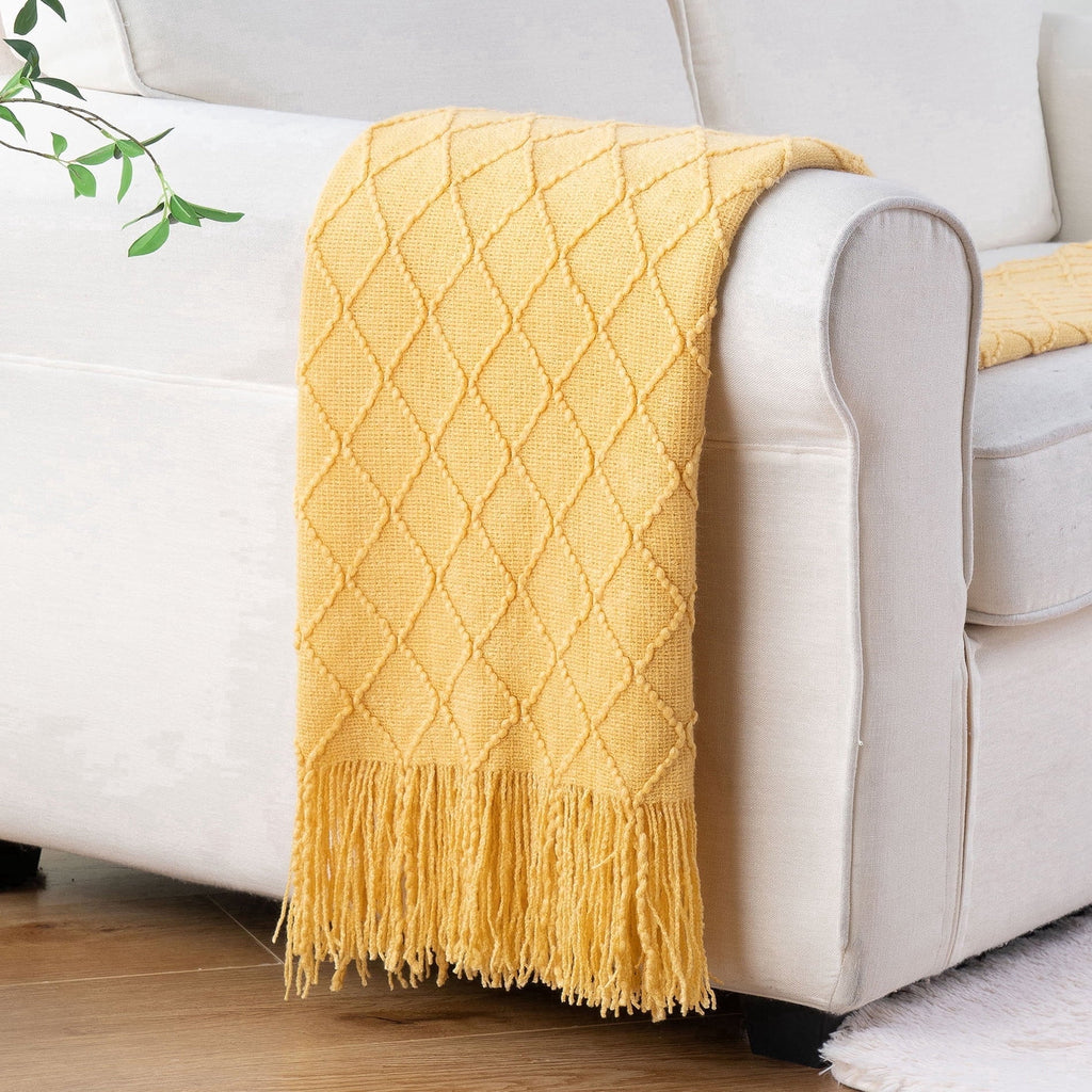 Super Soft Flannel Mustard Throw Blanket for Couch,Gold Yellow Knit Throw with Fringe,Outdoor Throw ,50"x60" - Super Soft Reversible Sherpa Flannel Blanket - Default Title