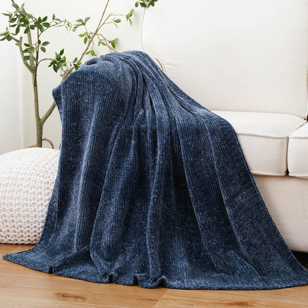 Reversible Sherpa Navy Blue Chenille Throw for Couch Bed,Soft Navy Knit Blanket, Housewarming Gifts, 51"x 67" - Luxury Knitted Decorative Throw Blanket with Fringes - Default Title