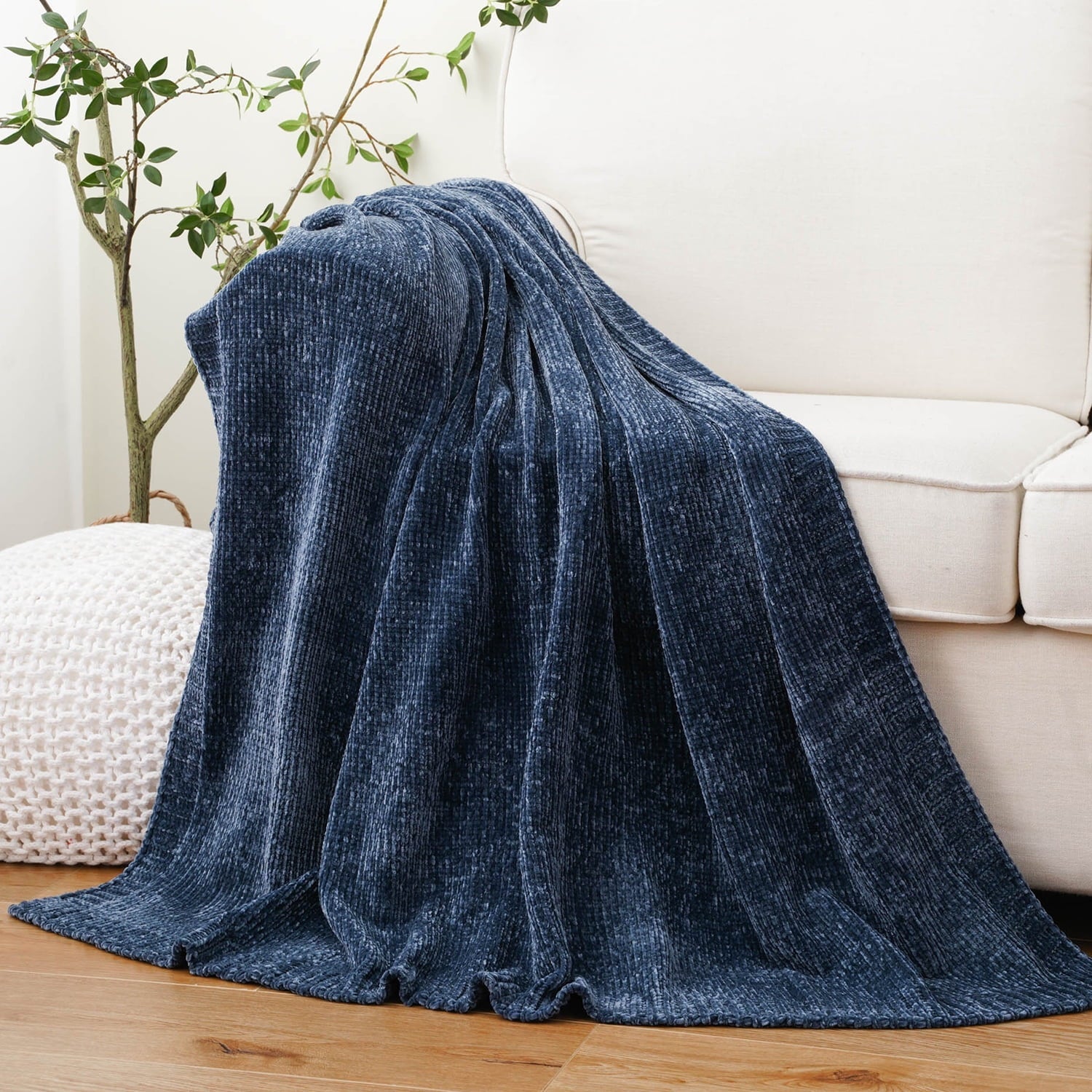 Reversible Sherpa Navy Blue Chenille Throw for Couch Bed,Soft Navy Knit Blanket, Housewarming Gifts, 51"x 67" - Luxury Knitted Decorative Throw Blanket with Fringes - Default Title