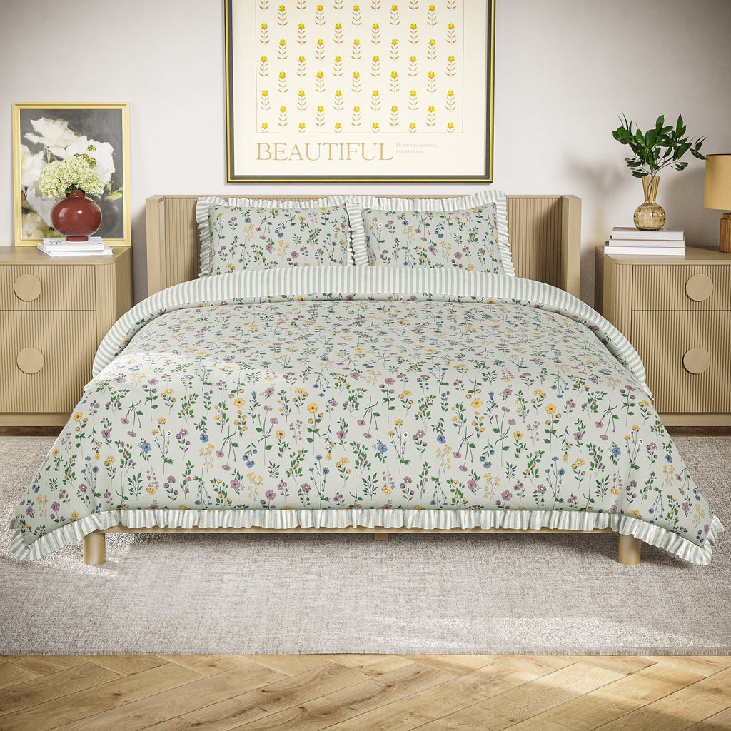 Fluffy Down Alternative 100% Cotton Botanical 3-Piece Sage Green Comforter Set, Full/Queen - Luxurious Quilted Duvet Cover Set - Default Title