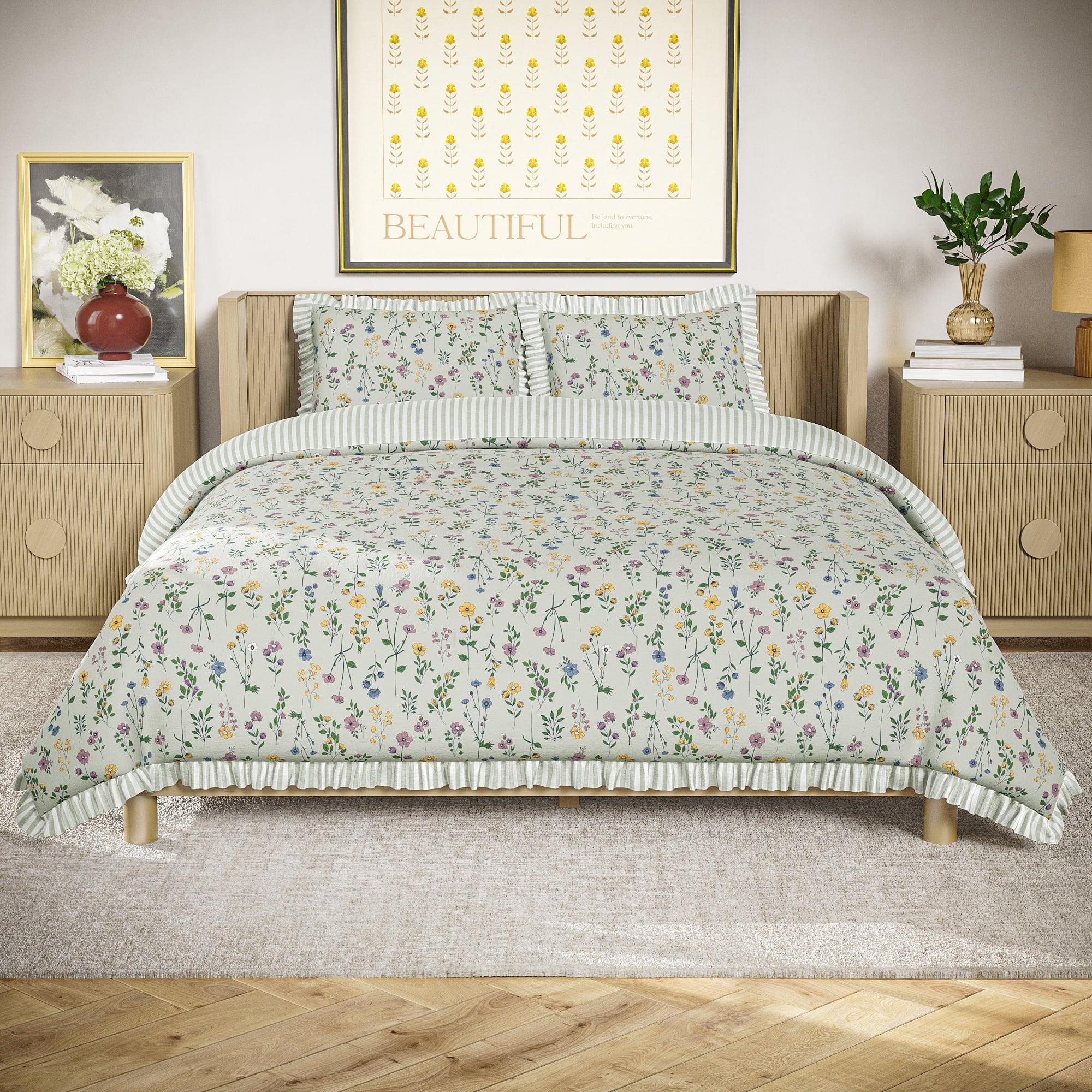 Fluffy Down Alternative 100% Cotton Botanical 3-Piece Sage Green Comforter Set, Full/Queen - Luxurious Quilted Duvet Cover Set - Default Title