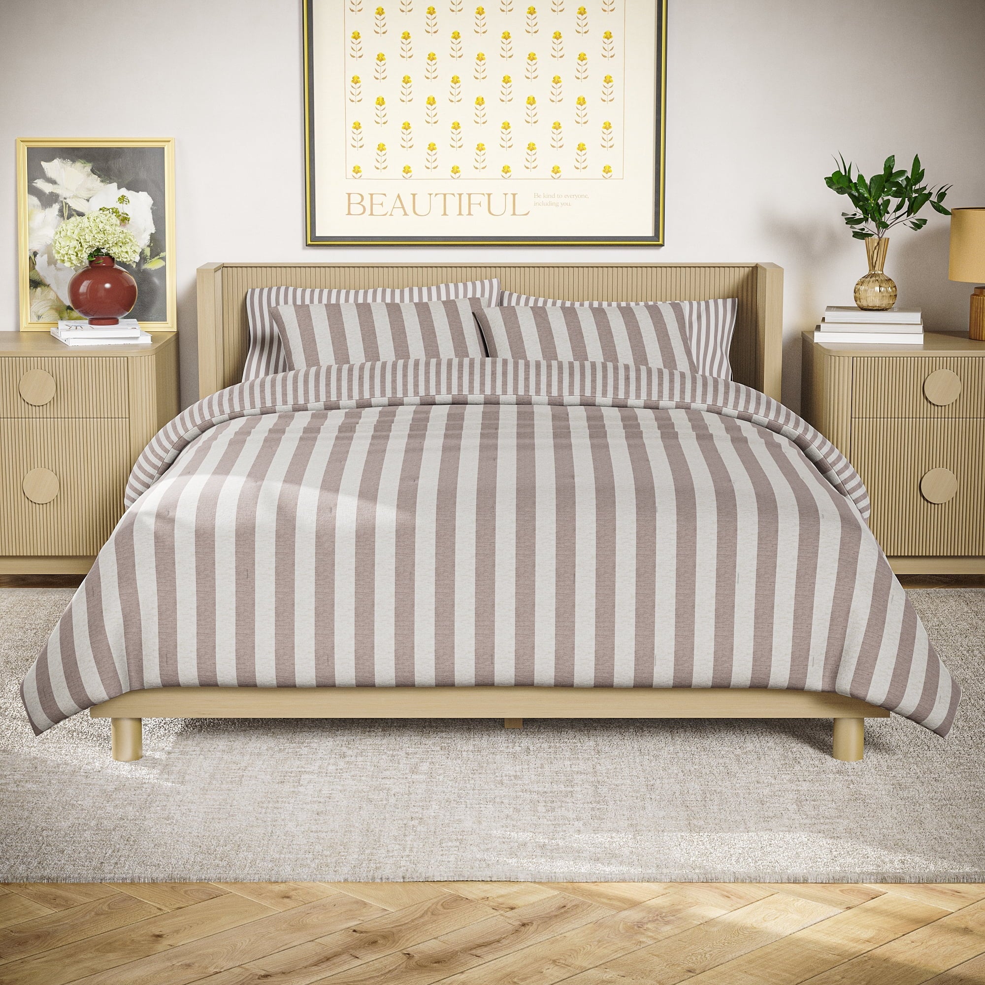 Hypoallergenic Cloud 100% Cotton Striped 3-Piece Natural Comforter Set, Full/Queen - Luxurious Quilted Duvet Cover Set - Default Title