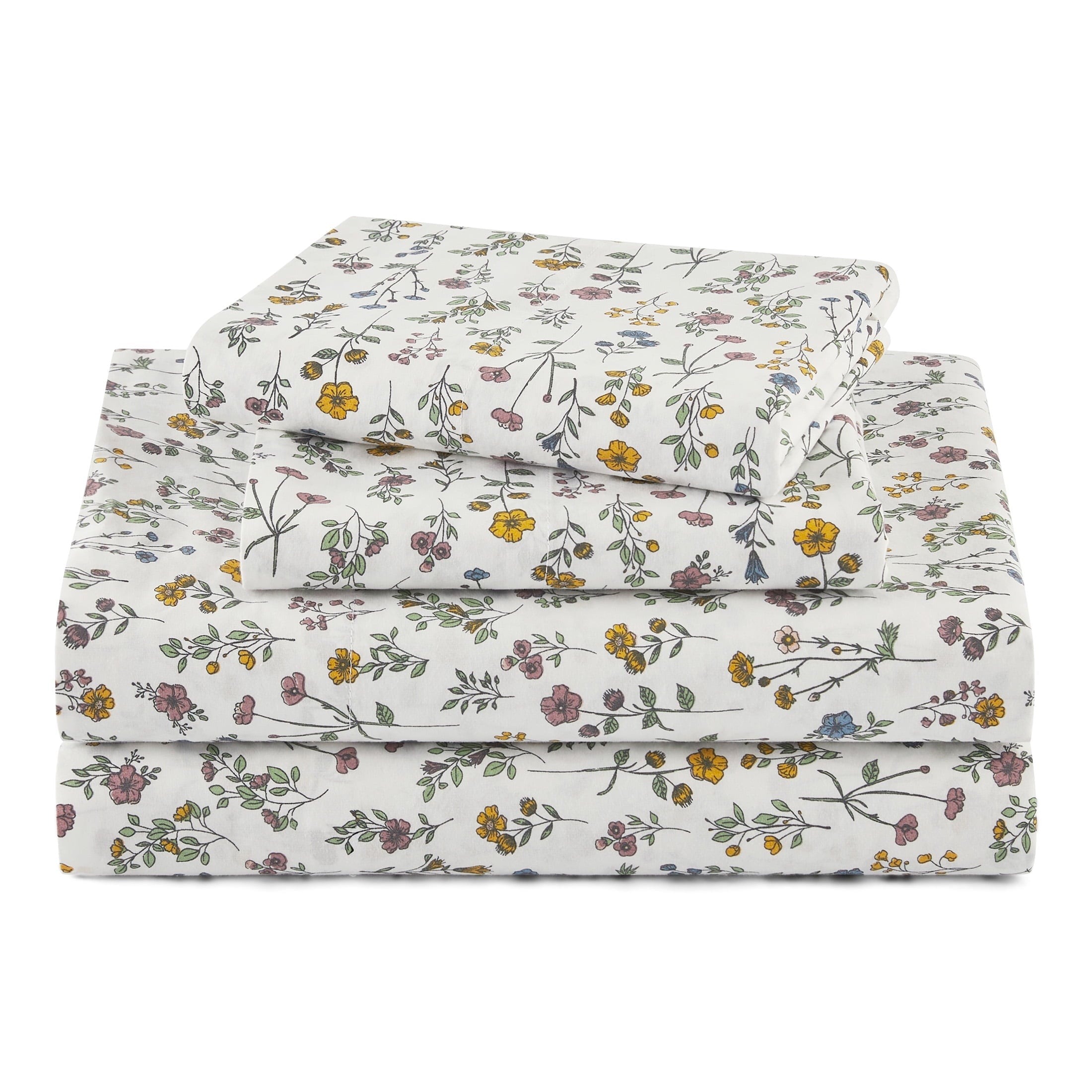 Cooling Sateen Botanical 4-Piece 100% Cotton Washed Percale White Sheet Set, Queen - Breathable Egyptian Cotton Flat & Fitted Sheets - Default Title
