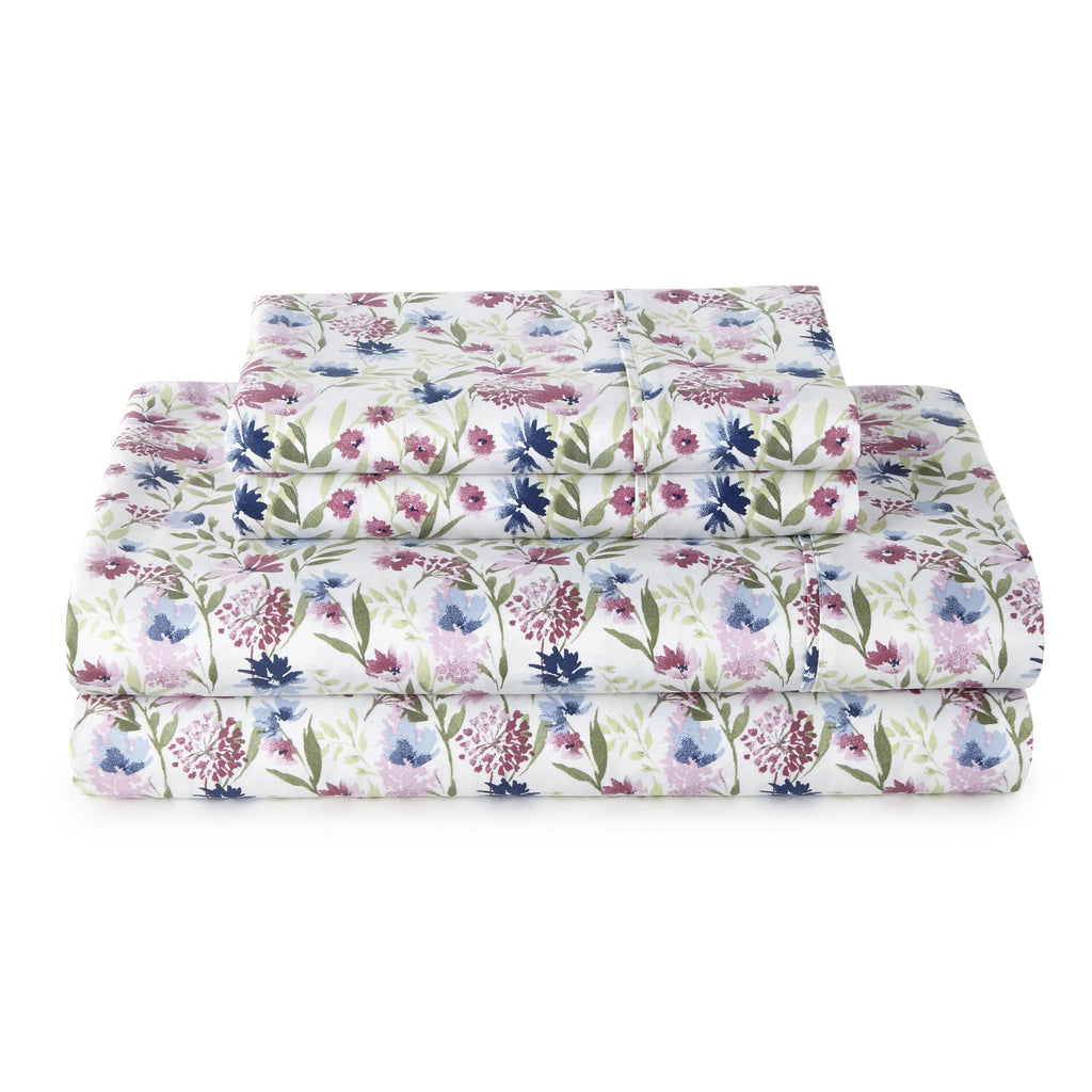 Wrinkle-Resistant 4-Piece 300 Thread Count Bashful Blooms Cool Cotton Sateen Bed Sheet Set, Queen - Cooling Hotel Quality Bedding Sheets and Pillowcases - Default Title