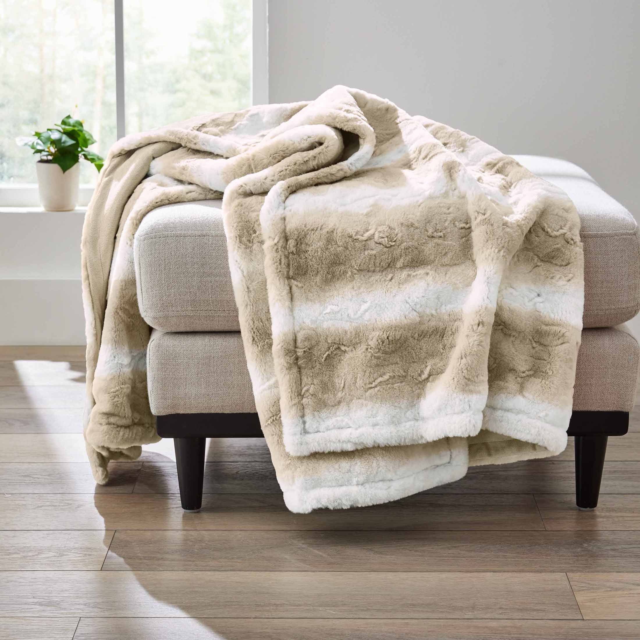 Decorative Knitted Almond Biscuit Ombre Faux Fur Throw, 50"x72" - Luxury Knitted Decorative Throw Blanket with Fringes - Default Title