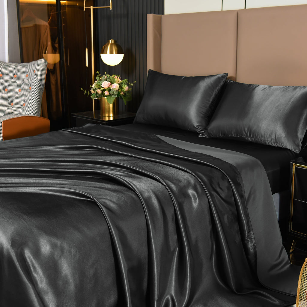 Premium Egyptian Cotton 4Pcs Black Satin Sheets Queen Set Silk Sheets 13" Deep Pocket Ultra Soft silky Bed Sheet Set - Cooling Hotel Quality Bedding Sheets and Pillowcases - Default Title
